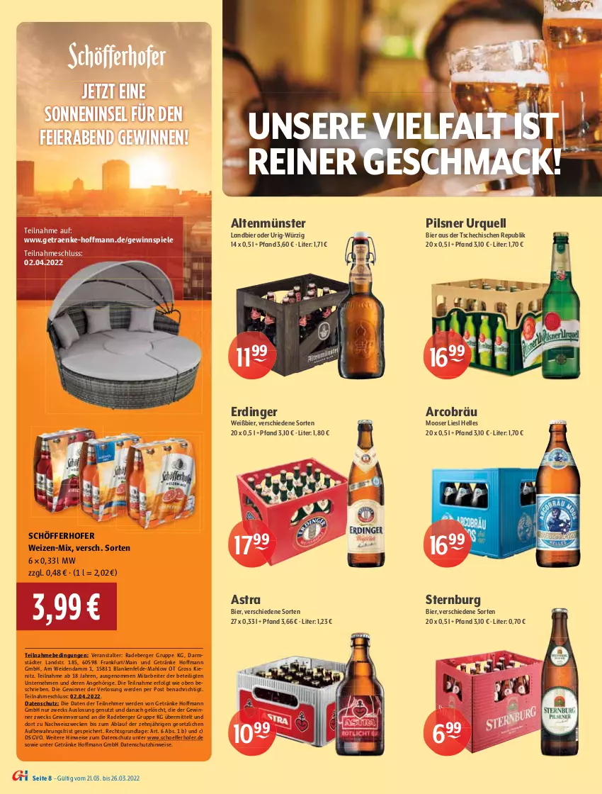 Aktueller Prospekt Getraenke Hoffmann - Prospekte - von 21.03 bis 26.03.2022 - strona 8 - produkty: alkohol, Altenmünster, Astra, Berger, bier, eier, eis, elle, erde, erdinger, franziskaner, Gessner, getränk, getränke, gewinnspiel, gin, Heu, holsten, holsten pilsener, Lampe, LG, mac, malz, Moy Bier, pils, pilsener, pilsner, pilsner urquell, premium pils, radeberger, sac, schöfferhofer, Spezi, Spiele, Sternburg, Ti, tisch, weck, weissbier