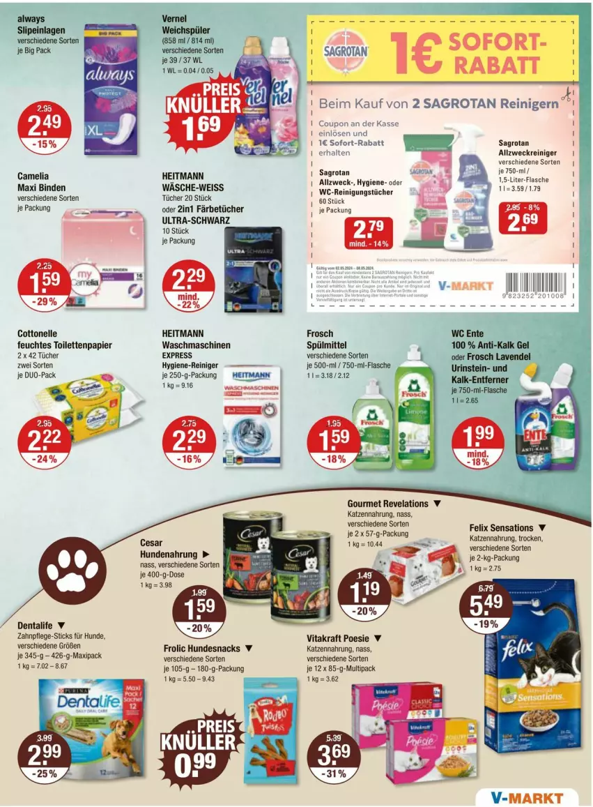 Aktueller Prospekt Vmarkt - Prospekte - von 02.05 bis 08.05.2024 - strona 13 - produkty: allzweckreiniger, Alwa, Always, binden, camelia, cottonelle, coupon, eis, elle, ente, felix, feuchtes toilettenpapier, flasche, frolic, Frosch, heitmann, hundenahrung, hundesnack, hundesnacks, hygiene-reiniger, katzennahrung, kraft, lavendel, papier, reiniger, Reinigung, reinigungstücher, sagrotan, sensations, slip, slipeinlagen, snack, snacks, sofort-rabatt, spülmittel, Ti, toilettenpapier, tücher, vernel, vita, vitakraft, waschmaschine, waschmaschinen, weck, weichspüler, ZTE