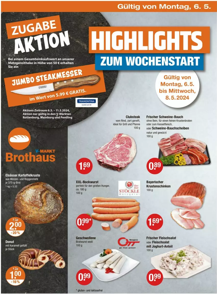 Aktueller Prospekt Vmarkt - Prospekte - von 02.05 bis 08.05.2024 - strona 22 - produkty: Bau, bauchscheiben, bockwurst, braten, bratwurst, brot, Donut, eis, fleisch, fleischsalat, für grill und pfanne, gewürz, grill, grill und pfanne, ideal für grill, ideal für grill und pfanne, joghur, joghurt, karamell, kartoffel, krustenbraten, Krustenschinken, natur, pfanne, rind, salat, schinken, schwein, schweine, schweine-bauch, schweine-bauchscheiben, steak, Ti, und pfanne, wein, weine, wolle, wurst