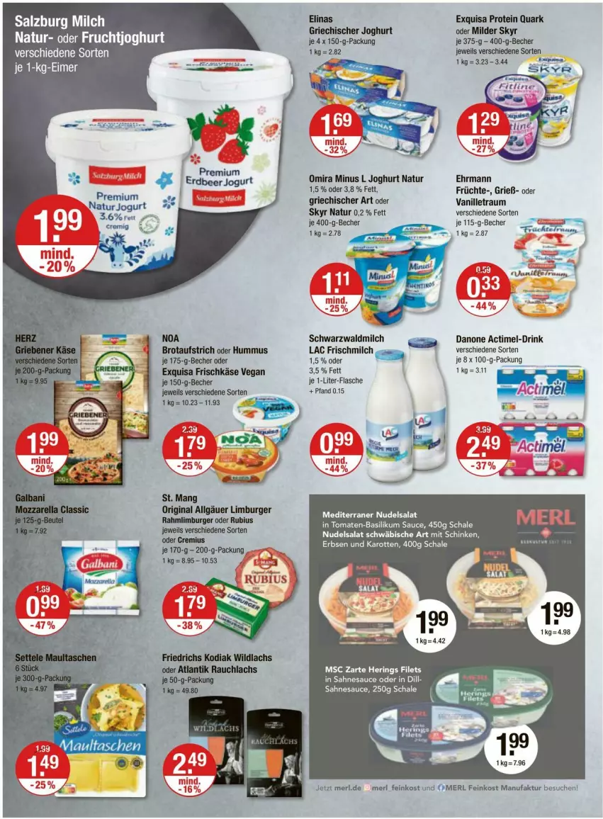 Aktueller Prospekt Vmarkt - Prospekte - von 02.05 bis 08.05.2024 - strona 6 - produkty: actimel, aufstrich, Becher, brot, brotaufstrich, burger, danone, drink, ehrmann, elinas, erbsen, exquisa, exquisa frischkäse, Faktu, feinkost, filet, filets, flasche, frischkäse, frucht, früchte, fruchtjoghurt, gin, Griechischer Joghurt, hering, Herings, hummus, je 1-liter-flasche, joghur, joghurt, karotten, Käse, lachs, LG, Limburger, merl, milch, natur, nudel, nudelsalat, quark, Rauch, ring, Rubius, sahne, salat, salz, sauce, Schal, Schale, schinken, Skyr, Ti, vanille, Wild, wildlachs