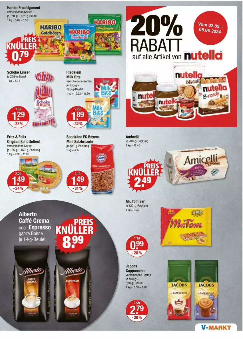 Aktueller Prospekt Vmarkt - Prospekte - von 02.05 bis 08.05.2024 - strona 9 - produkty: amicelli, beutel, bohne, brezel, Brezeln, brot, caffe, Cap, cappuccino, cin, felix, fritz, frucht, fruchtgummi, gin, haribo, jacobs, linsen, riegel, salz, schoko, snack, Ti