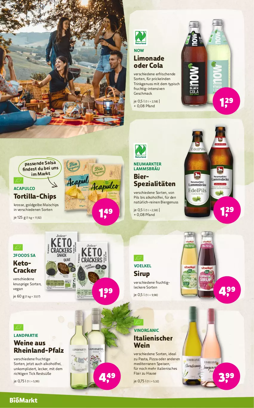 Aktueller Prospekt Denns Biomarkt - von 14.08 bis 27.08.2024 - strona 10 - produkty: alkohol, bier, bierspezialitäten, Cap, chips, cola, cracker, eis, frucht, lamm, limo, limonade, mac, mais, nuss, pasta, pils, pizza, Salsa, sirup, Spezi, Ti, tortilla, wein, weine