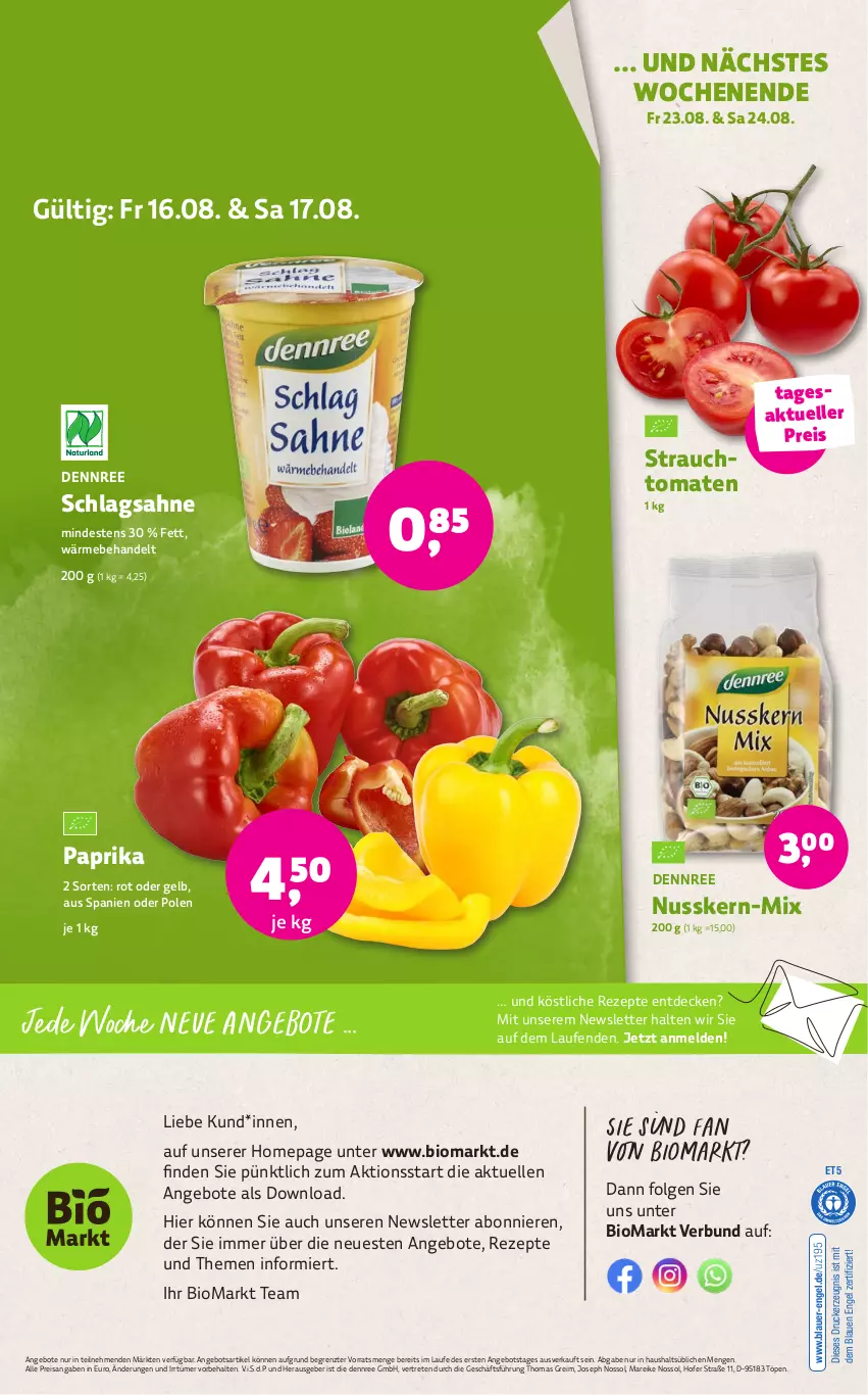 Aktueller Prospekt Denns Biomarkt - von 14.08 bis 27.08.2024 - strona 12 - produkty: angebot, angebote, auer, bio, decke, dennree, drucker, eis, elle, Engel, kerze, Laufen, LG, nuss, Omep, paprika, Rauch, reis, rezept, rezepte, sahne, schlagsahne, strauchtomaten, Ti, tomate, tomaten, ZTE