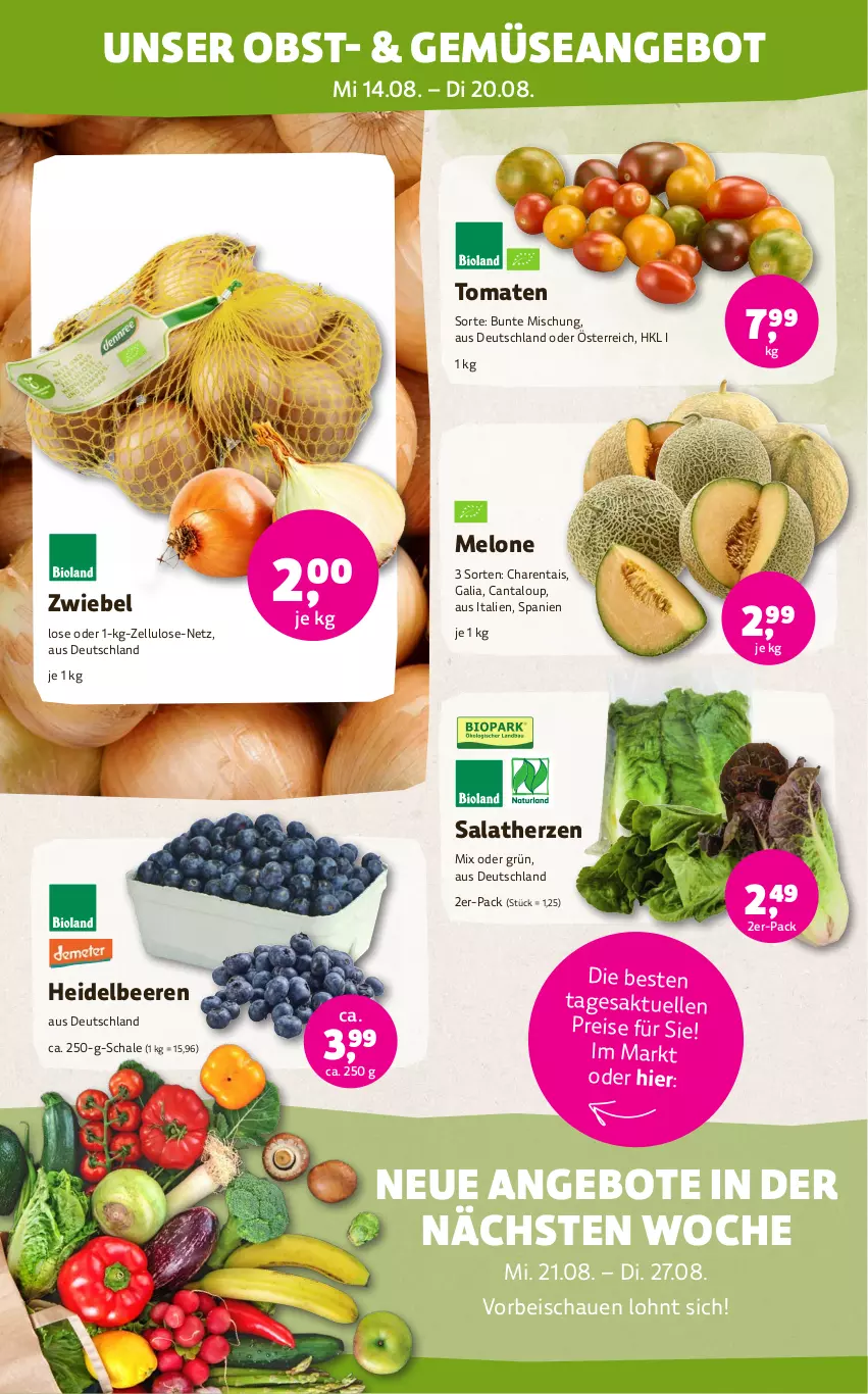 Aktueller Prospekt Denns Biomarkt - von 14.08 bis 27.08.2024 - strona 2 - produkty: angebot, angebote, beere, beeren, eis, elle, heidelbeere, heidelbeeren, melone, obst, reis, salat, salatherzen, Schal, Schale, tomate, tomaten, zwiebel