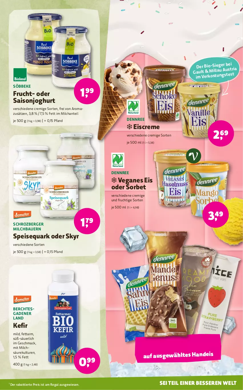 Aktueller Prospekt Denns Biomarkt - von 14.08 bis 27.08.2024 - strona 3 - produkty: auer, Bau, Bauer, Berger, bio, creme, dennree, eis, eiscreme, frucht, joghur, joghurt, Kefir, mac, milch, quark, regal, reis, Ria, Skyr, söbbeke, Sorbet, speisequark, Ti, Veganes Eis