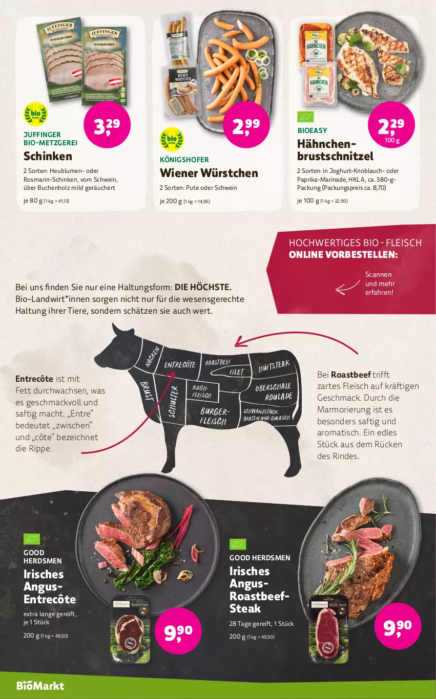 Aktueller Prospekt Denns Biomarkt - von 14.08 bis 27.08.2024 - strona 6 - produkty: beef, bio, blume, blumen, braten, buch, burger, eis, elle, entrecôte, filet, fleisch, gulasch, hähnchenbrust, Heu, Holz, hüftsteak, joghur, joghurt, knoblauch, mac, marinade, paprika, pute, reis, rind, roastbeef, rosmarin, saft, Schal, Schale, schinken, schnitzel, schwein, steak, Ti, Tiere, tisch, wein, wiener, wiener würstchen, würstchen