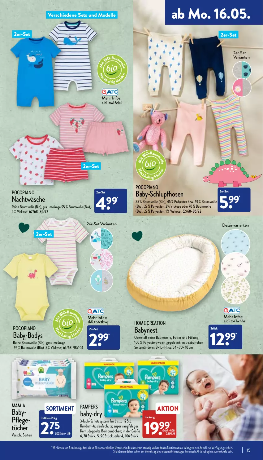 Aktueller Prospekt Aldi Nord - Aldi-Vorschau - von 16.05 bis 21.05.2022 - strona 15 - produkty: aldi, baby-dry, Bau, baumwolle, bio, body, dell, Elan, elle, gin, hose, hosen, mam, Mode, pampers, pocopiano, reine baumwolle, Ria, Ti, tücher, wolle, ZTE