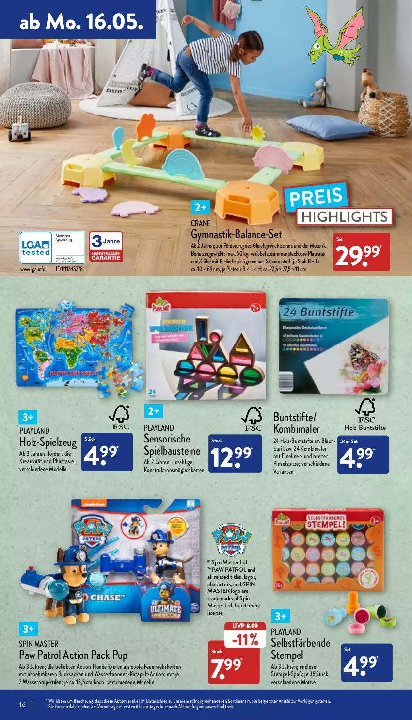 Aktueller Prospekt Aldi Nord - Aldi-Vorschau - von 16.05 bis 21.05.2022 - strona 16 - produkty: asti, aust, Bau, Brei, buntstifte, dell, eis, elle, Fineliner, gin, Holz, Holz-Spielzeug, LG, Mode, Paw Patrol, Pinsel, reis, rel, Ria, rwe, spielzeug, stifte, Ti, wasser, ZTE