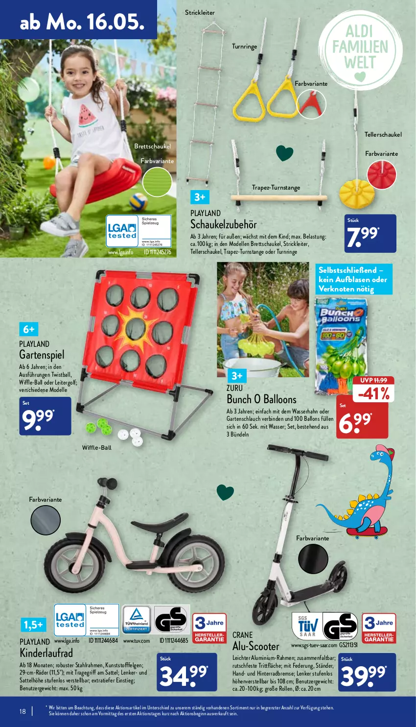 Aktueller Prospekt Aldi Nord - Aldi-Vorschau - von 16.05 bis 21.05.2022 - strona 18 - produkty: ball, binden, dell, elle, felgen, Garten, gartenschlauch, gin, Kinder, Laufrad, LG, Mode, Ria, ring, sattel, Schaukel, schlauch, scooter, teller, Ti, tragegriff, wasser, ZTE