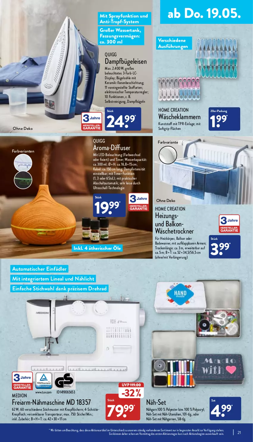 Aktueller Prospekt Aldi Nord - Aldi-Vorschau - von 16.05 bis 21.05.2022 - strona 21 - produkty: auto, Bad, Badewanne, beleuchtung, bügel, Bügeleisen, dampfbügeleisen, Diffuser, eis, Elektro, gin, Klammern, lamm, led-beleuchtung, Leuchte, LG, medion, mit led-beleuchtung, Nähmaschine, quigg, Reinigung, Ria, rwe, Schal, Sport, Ti, timer, tisch, Trockner, Wanne, wäschetrockner, wasser, wassertank, ZTE