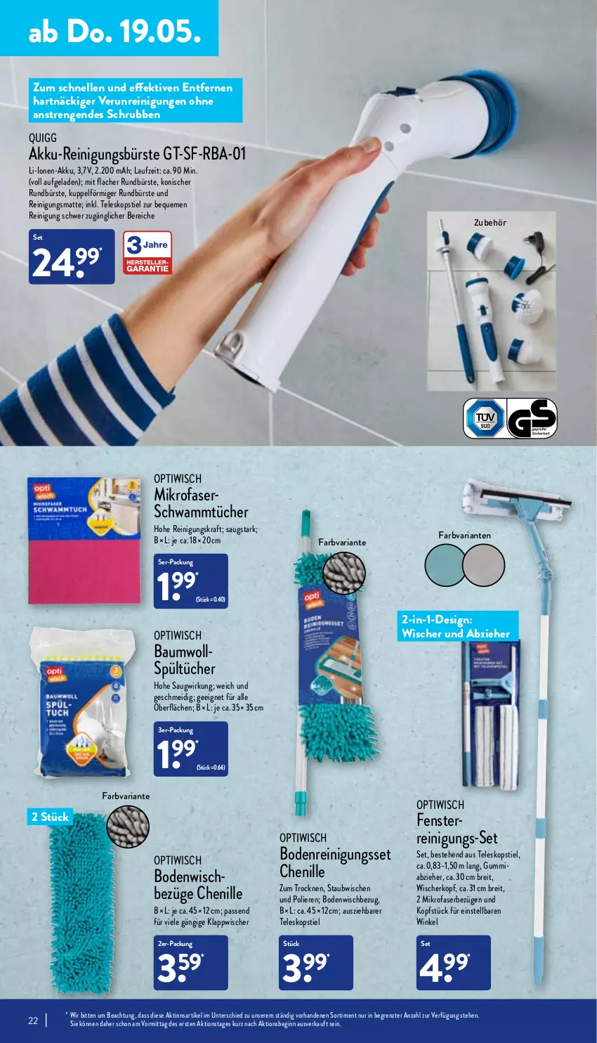 Aktueller Prospekt Aldi Nord - Aldi-Vorschau - von 16.05 bis 21.05.2022 - strona 22 - produkty: akku, Akku-Reinigungsbürste, Bau, Brei, bürste, elle, fenster, gin, kraft, mikrofaser, Optiwisch, quigg, Reinigung, reinigungsbürste, Ria, Rundbürste, schwamm, Teleskop, teleskopstiel, Ti, tücher, ZTE