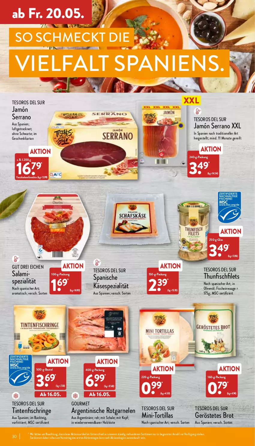 Aktueller Prospekt Aldi Nord - Aldi-Vorschau - von 16.05 bis 21.05.2022 - strona 30 - produkty: beutel, brot, elle, filet, filets, fisch, fische, garnelen, gin, Holz, in olivenöl, jamón serrano, Käse, olive, oliven, olivenöl, ring, rwe, salami, Schal, Schale, serrano, Spezi, thunfisch, Ti, Tintenfischringe, tisch, tortilla, tortillas, Waage, ZTE