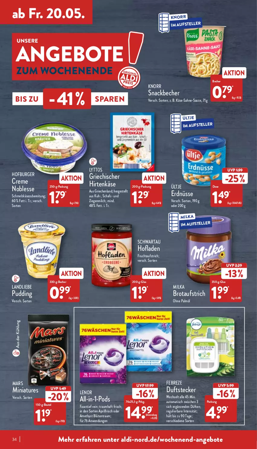 Aktueller Prospekt Aldi Nord - Aldi-Vorschau - von 16.05 bis 21.05.2022 - strona 34 - produkty: aldi, angebot, angebote, aufstrich, auto, Becher, beutel, Blüte, brot, brotaufstrich, burger, creme, elle, erdnüsse, febreze, frucht, fruchtaufstrich, hirtenkäse, Käse, knorr, landliebe, lenor, mars, milch, milka, ohne palmöl, Pods, pril, pudding, sahne, sauce, Schmelzkäse, schmelzkäsezubereitung, Schwartau, snack, teller, Ti, tisch, ültje