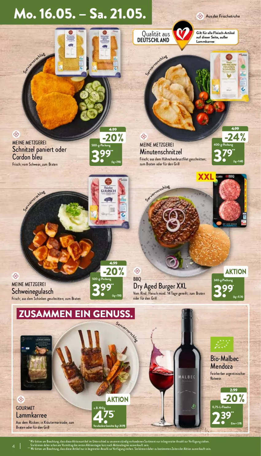 Aktueller Prospekt Aldi Nord - Aldi-Vorschau - von 16.05 bis 21.05.2022 - strona 4 - produkty: bio, braten, brustfilet, burger, cordon bleu, eis, filet, flasche, fleisch, gin, grill, gulasch, hähnchenbrust, hähnchenbrustfilet, kräuter, lamm, marinade, minutenschnitzel, nuss, rind, rotwein, schinken, schnitten, schnitzel, schwein, schweine, schweinegulasch, Ti, wein, weine, ZTE