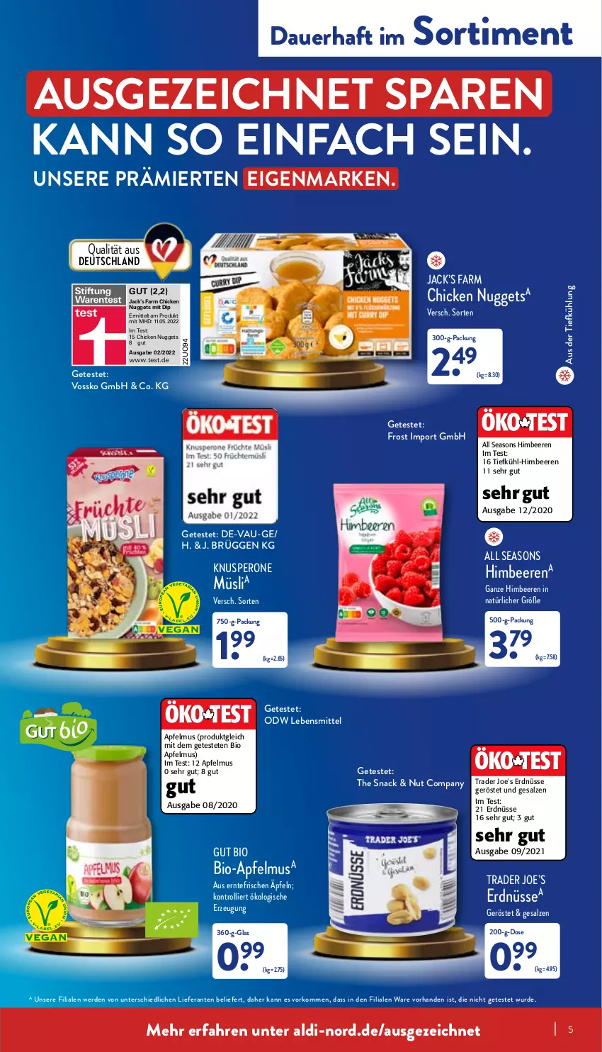 Aktueller Prospekt Aldi Nord - Aldi-Vorschau - von 16.05 bis 21.05.2022 - strona 5 - produkty: aldi, apfel, apfelmus, auer, aus der tiefkühlung, beere, beeren, bio, chicken nuggets, dip, erde, erdnüsse, himbeer, himbeere, himbeeren, lebensmittel, müsli, nuggets, salz, snack, Ti, trolli, vossko