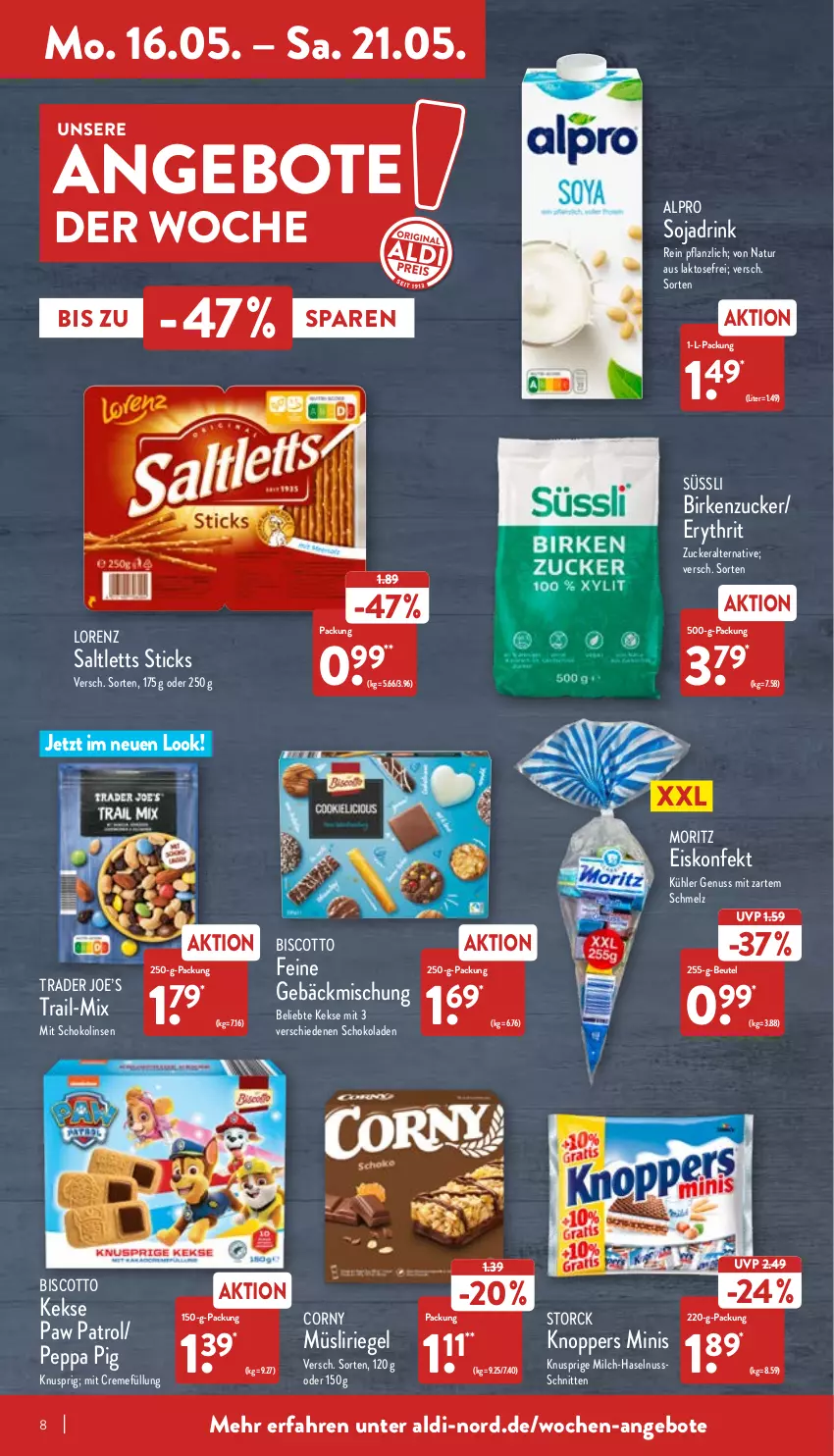 Aktueller Prospekt Aldi Nord - Aldi-Vorschau - von 16.05 bis 21.05.2022 - strona 8 - produkty: aldi, alpro, angebot, angebote, beutel, Birkenzucker, biscotto, corny, creme, drink, eis, eiskonfekt, Feine Gebäckmischung, gebäckmischung, haselnuss, keks, kekse, knoppers, linsen, lorenz, milch, müsli, Müsliriegel, natur, nuss, Paw Patrol, Peppa Pig, riegel, saltletts, schnitten, schoko, schokolade, schokoladen, Schokolinsen, soja, Sojadrink, storck, Ti, zucker