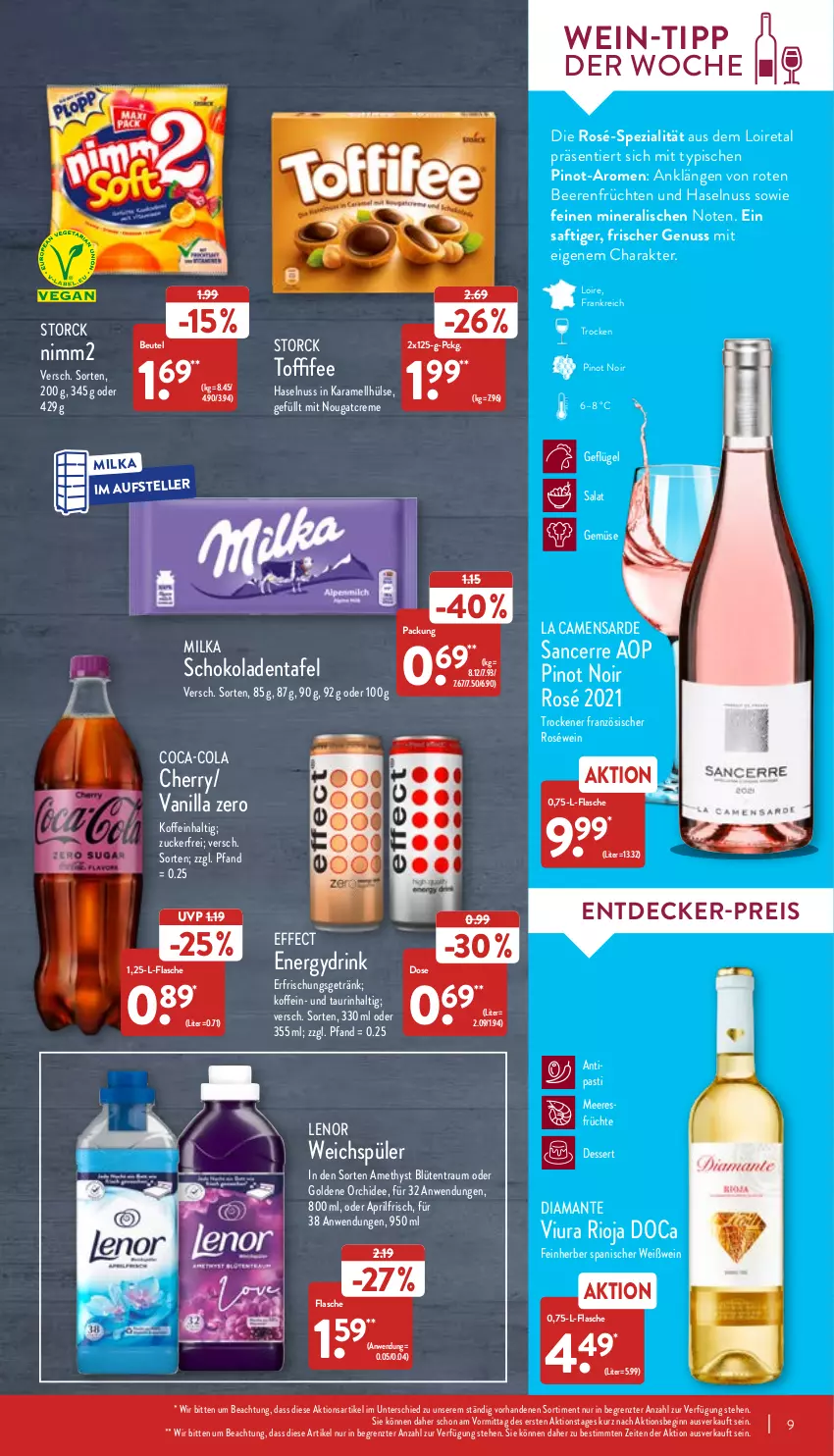 Aktueller Prospekt Aldi Nord - Aldi-Vorschau - von 16.05 bis 21.05.2022 - strona 9 - produkty: asti, beere, beeren, beutel, Blüte, coca-cola, cola, creme, decke, dessert, drink, Effect, eis, elle, erfrischungsgetränk, flasche, früchte, früchten, Geflügel, getränk, gin, haselnuss, karamell, lenor, lenor weichspüler, meeresfrüchte, milka, milka schokolade, nimm2, Nougatcreme, nuss, orchidee, Pinot, pinot noir, pril, reis, rioja, roséwein, saft, salat, schoko, schokolade, schokoladen, Spezi, storck, teller, Ti, toffifee, weichspüler, wein, Weißwein, ZTE, zucker