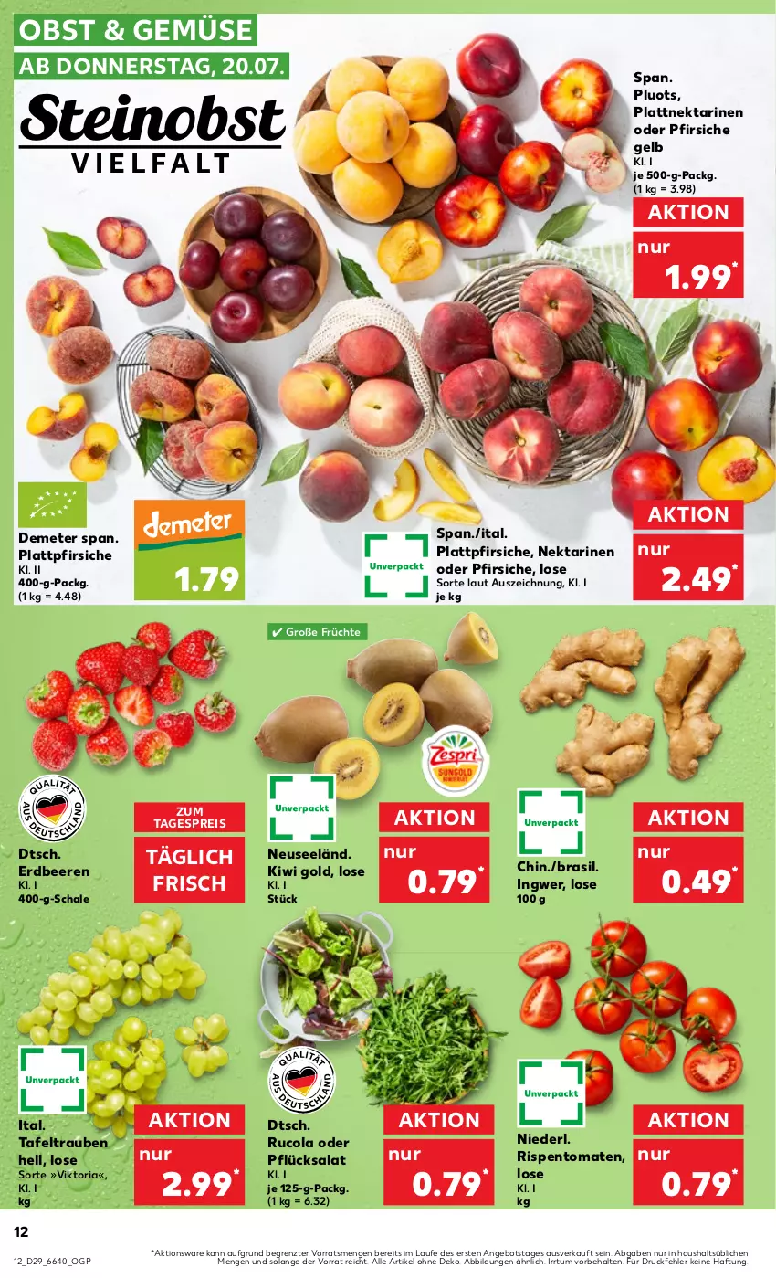 Aktueller Prospekt Kaufland - Prospekt - von 20.07 bis 26.07.2023 - strona 14 - produkty: angebot, beere, beeren, cola, eis, erdbeere, erdbeeren, früchte, ingwer, kiwi, Kiwi Gold, Nektar, nektarinen, nektarinen oder, obst, oder pfirsiche, pfirsich, pfirsiche, plattpfirsiche, reis, Ria, rispentomaten, rucola, salat, Schal, Schale, tafeltrauben, Ti, tomate, tomaten, trauben, ZTE