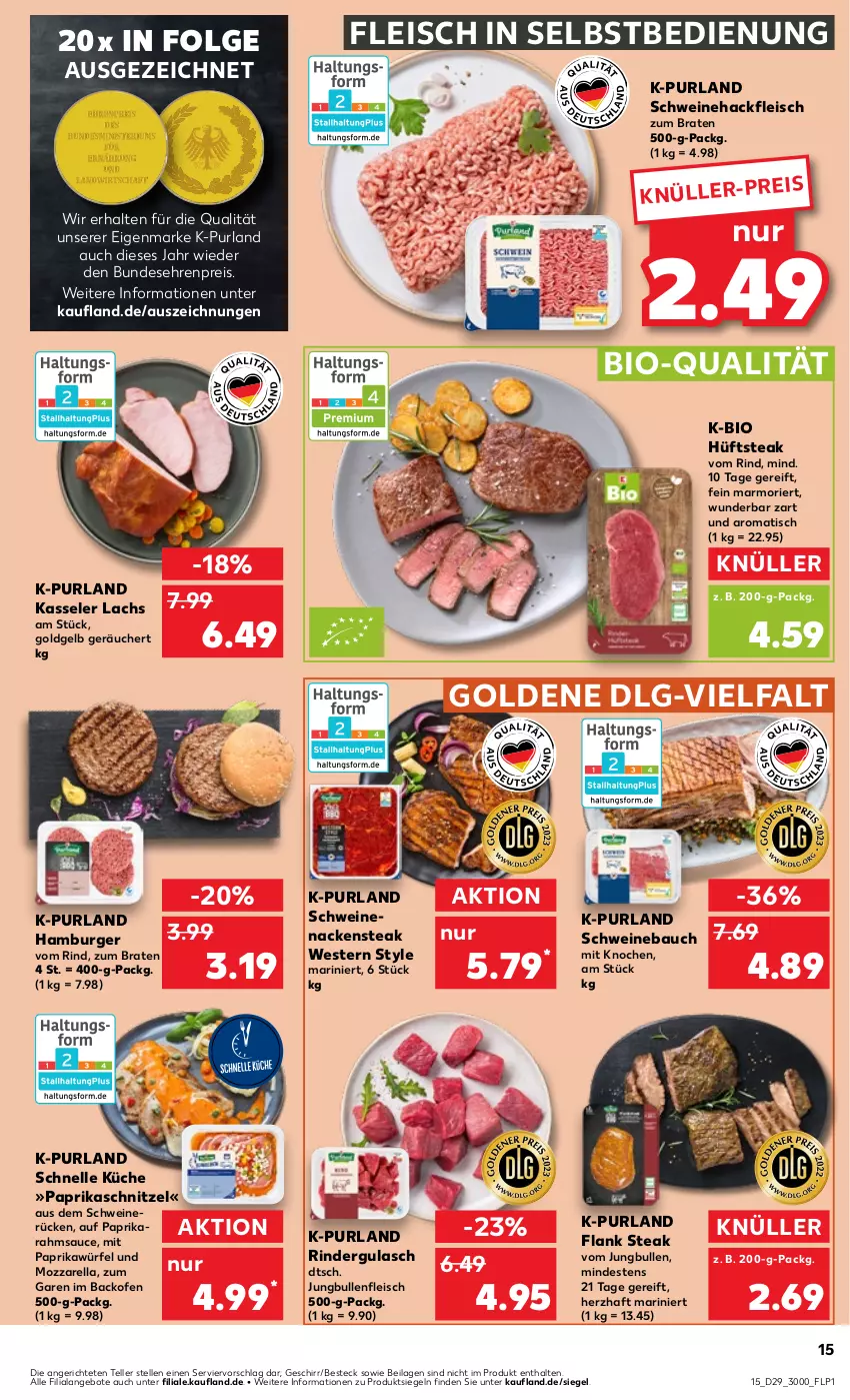 Aktueller Prospekt Kaufland - Prospekt - von 20.07 bis 26.07.2023 - strona 17 - produkty: angebot, angebote, backofen, Bau, besteck, bio, braten, burger, eis, elle, fleisch, fleisch in selbstbedienung, geschirr, gulasch, hackfleisch, hamburger, hüftsteak, ilag, jungbullen, kasseler, küche, lachs, LG, mit paprika, mozzarella, Nackensteak, Ofen, paprika, purland, reis, rel, rind, rinder, rindergulasch, sauce, schnitzel, schwein, schweine, Schweinebauch, Schweinehackfleisch, schweinenacken, schweinerücken, steak, teller, Ti, tisch, wein, weine, Weste, würfel