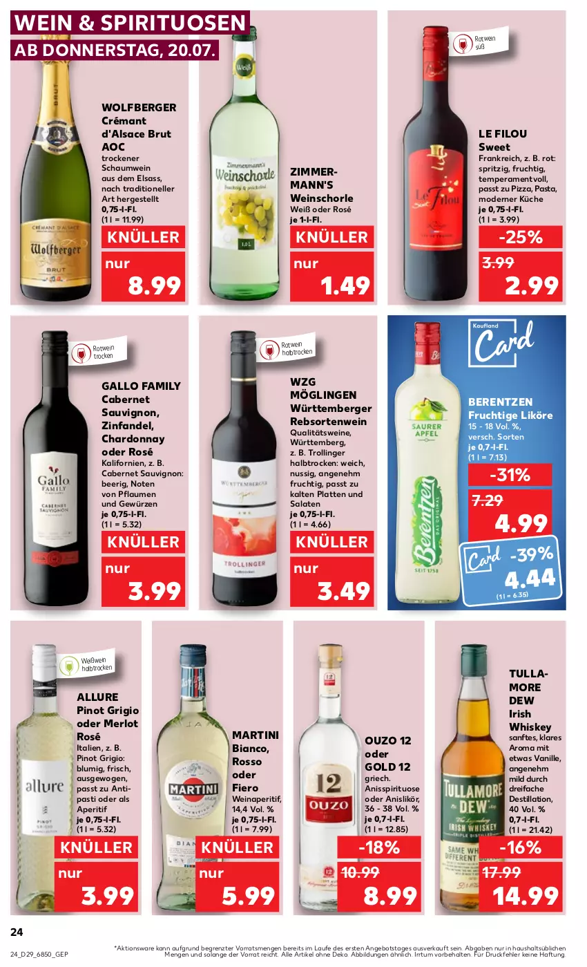 Aktueller Prospekt Kaufland - Prospekt - von 20.07 bis 26.07.2023 - strona 26 - produkty: angebot, antipasti, aperitif, asti, berentzen, Berger, brut, cabernet, cabernet sauvignon, chardonnay, elle, frucht, gallo, gallo family, irish whiskey, küche, latte, likör, martini, merl, merlot, Mode, nuss, ouzo, ouzo 12, pasta, pflaume, pflaumen, Pinot, pinot grigio, pizza, qualitätswein, qualitätsweine, rotwein, sac, salat, salate, sauvignon, schorle, spirituosen, Ti, trolli, trollinger, tullamore, tullamore dew, vanille, wein, weine, weinschorle, Weißwein, whiskey, ZTE