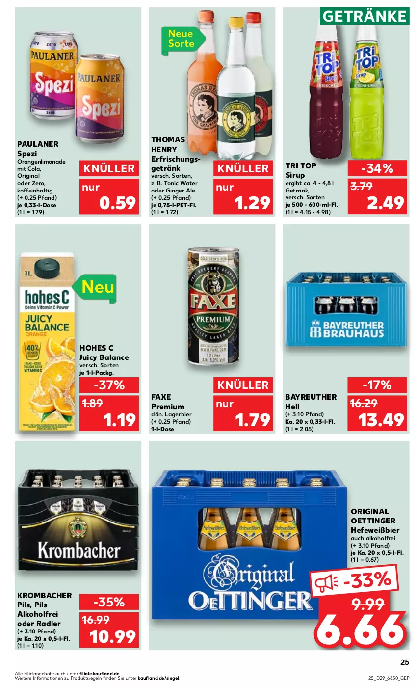 Aktueller Prospekt Kaufland - Prospekt - von 20.07 bis 26.07.2023 - strona 27 - produkty: alkohol, angebot, angebote, axe, bier, cola, erfrischungsgetränk, getränk, getränke, gin, ginger, ginger ale, Hefe, Hohes C, krombache, krombacher, krombacher pils, Lagerbier, limo, limonade, oder radler, oettinger, orange, orangen, Paula, paulaner, pils, radler, sirup, Spezi, thomas henry, Ti, tonic, tonic water