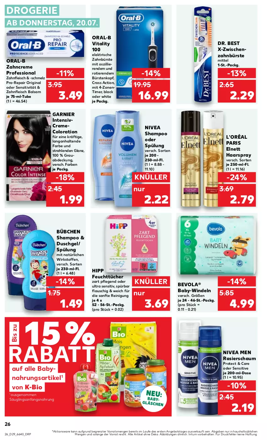 Aktueller Prospekt Kaufland - Prospekt - von 20.07 bis 26.07.2023 - strona 28 - produkty: angebot, Babynahrung, balsam, bio, bübchen, bürste, bürsten, creme, cross action, Dr. Best, duschgel, eis, elektrische zahnbürste, elnett, feuchttücher, fleisch, garnier, gin, haarspray, hipp, lack, nivea, Nivea Men, oral-b, pro-repair, Rasierschaum, Reinigung, shampoo, shampoo oder spülung, spülung, Ti, Tiere, timer, tücher, vita, vitality, windeln, zahnbürste, zahncreme, ZTE