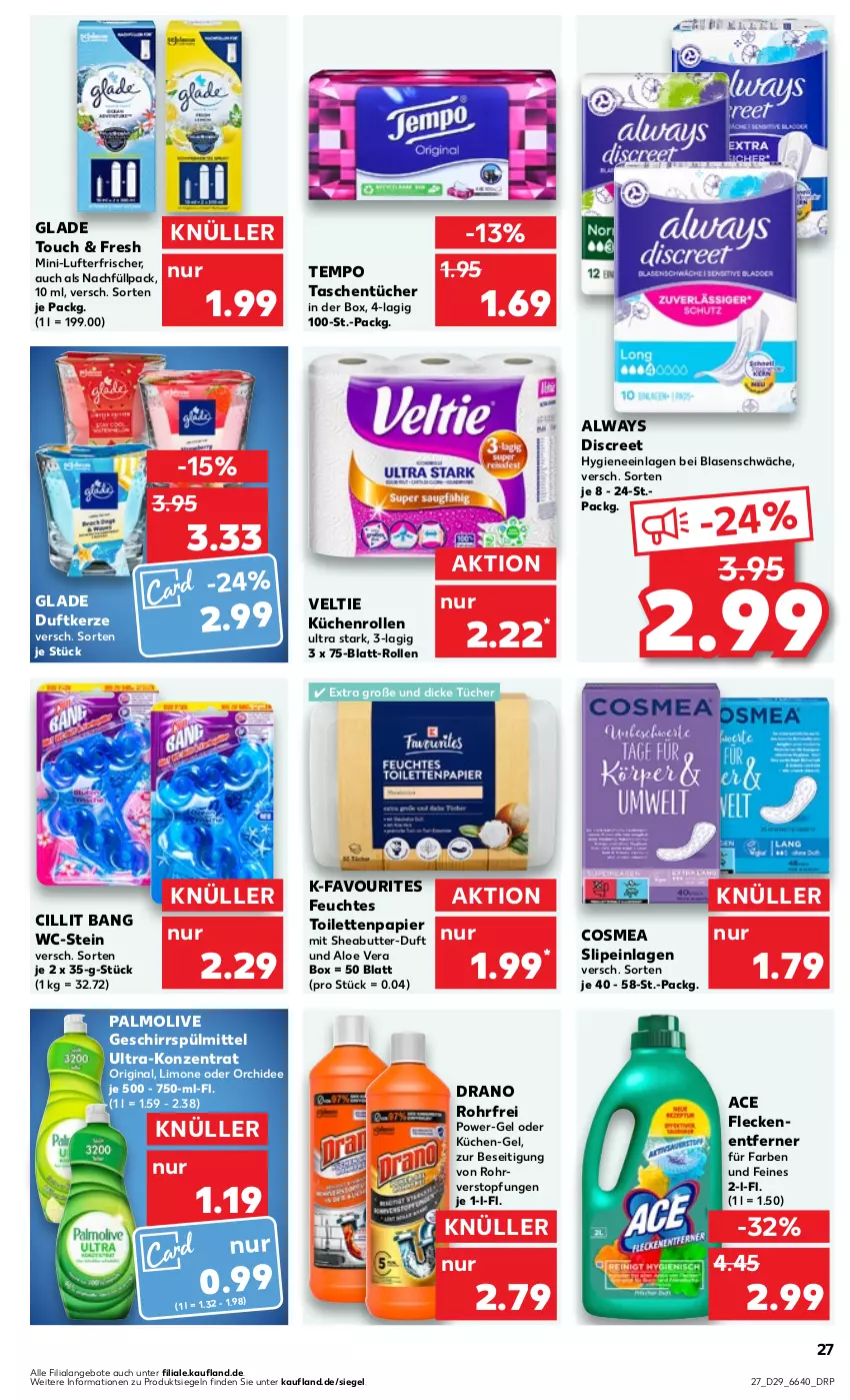 Aktueller Prospekt Kaufland - Prospekt - von 20.07 bis 26.07.2023 - strona 29 - produkty: aloe vera, Alwa, Always, angebot, angebote, butter, Cillit, cillit bang, cosmea, Discreet, Duftkerze, feuchtes toilettenpapier, Fleckenentferner, geschirr, geschirrspülmittel, gin, Glade, kerze, küche, Küchen, küchenrolle, küchenrollen, limo, lufterfrischer, olive, orchidee, palmolive, papier, power-gel, Sheabutter, slip, slipeinlagen, spülmittel, Tasche, taschen, taschentücher, Tempo, Ti, toilettenpapier, topf, tücher