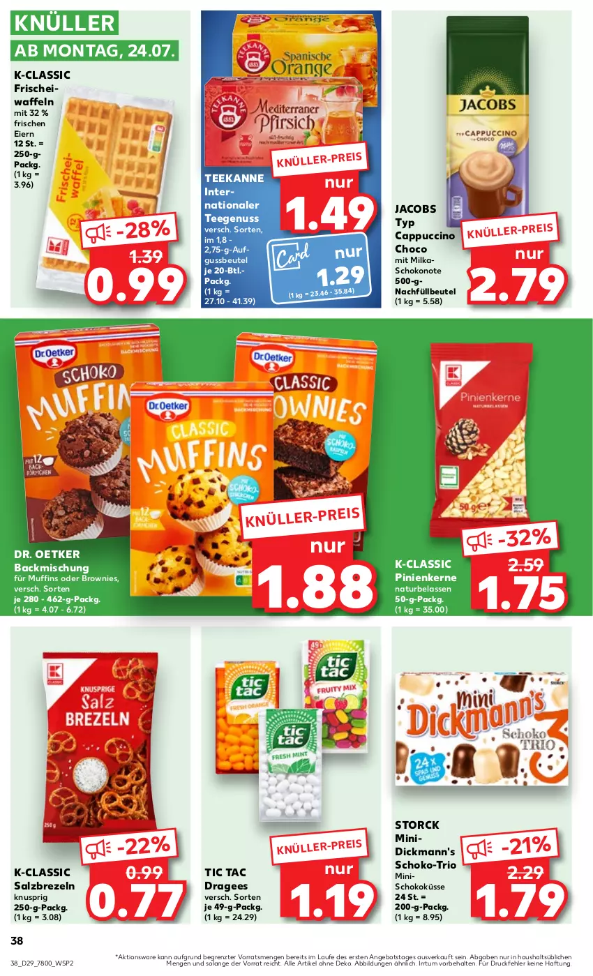 Aktueller Prospekt Kaufland - Prospekt - von 20.07 bis 26.07.2023 - strona 40 - produkty: angebot, backmischung, beutel, brezel, Brezeln, brownie, brownies, Cap, cappuccino, cin, Dickmann's, Dr. Oetker, eier, eis, jacobs, milka, Muffin, muffins, natur, nuss, pinienkerne, salz, schoko, storck, tee, teekanne, Ti, waffeln, ZTE