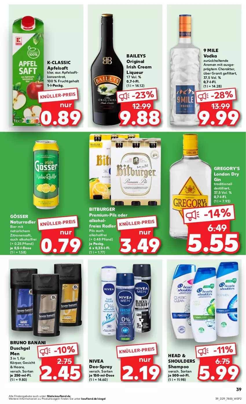 Aktueller Prospekt Kaufland - Prospekt - von 20.07 bis 26.07.2023 - strona 41 - produkty: alkohol, angebot, angebote, apfel, apfelsaft, baileys, bier, bitburger, bruno banani, burger, deo, dry gin, duschgel, eis, frucht, gin, gösser, irish cream, liqueur, london dry, london dry gin, natur, nivea, pils, radler, reis, saft, shampoo, Ti, vodka, zitrone, zitronen, zitronensaft