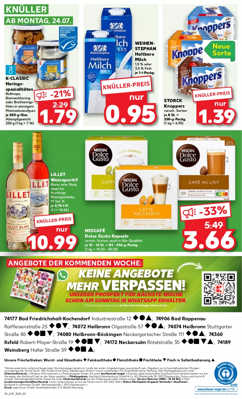 Aktueller Prospekt Kaufland - Prospekt - von 20.07 bis 26.07.2023 - strona 42 - produkty: angebot, angebote, aperitif, Astra, Bad, bio, bismarck, dolce gusto, drucker, eis, Engel, erde, feinkost, feinkosttheke, filet, filets, fisch, fischtheke, fleisch, frucht, getränk, getränke, haltbare milch, hering, Herings, heringsfilets, Käse, käsetheke, kerze, knoppers, LG, lillet, marinade, milch, Nescafé, ring, Spezi, storck, Ti, weihenstephan, wein, wurst, ZTE