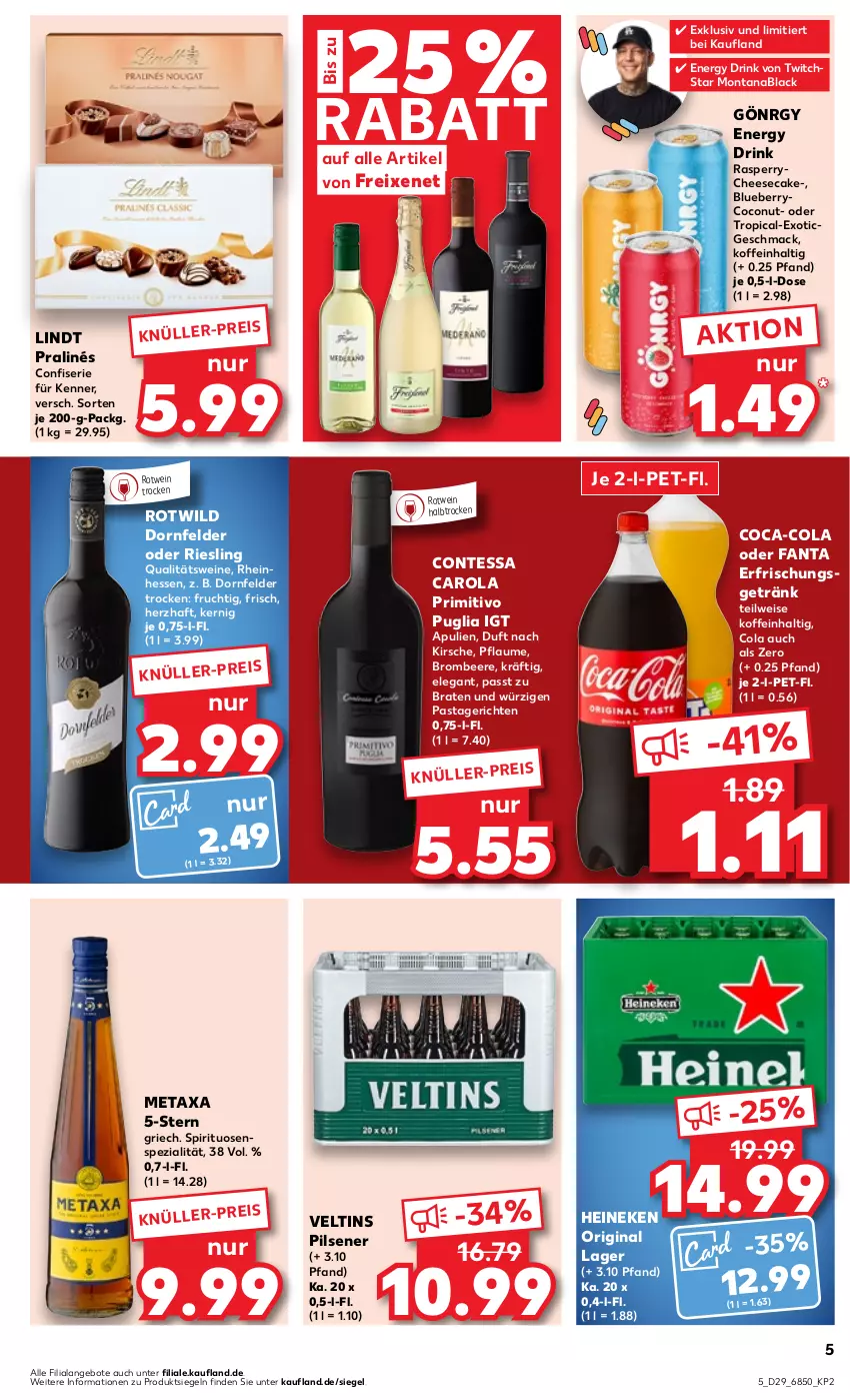 Aktueller Prospekt Kaufland - Prospekt - von 20.07 bis 26.07.2023 - strona 5 - produkty: angebot, angebote, beere, blueberry, braten, brombeere, cheesecake, coca-cola, coconut, cola, dornfelder, drink, eis, energy drink, erfrischungsgetränk, fanta, freixenet, frucht, getränk, gin, heineken, kirsch, kirsche, lack, lindt, mac, Metaxa, montana, pasta, Pastagericht, pflaume, pils, pilsener, primitivo, qualitätswein, qualitätsweine, riesling, rotwein, Spezi, spirituosen, Ti, veltins, veltins pilsener, wein, weine, Wild