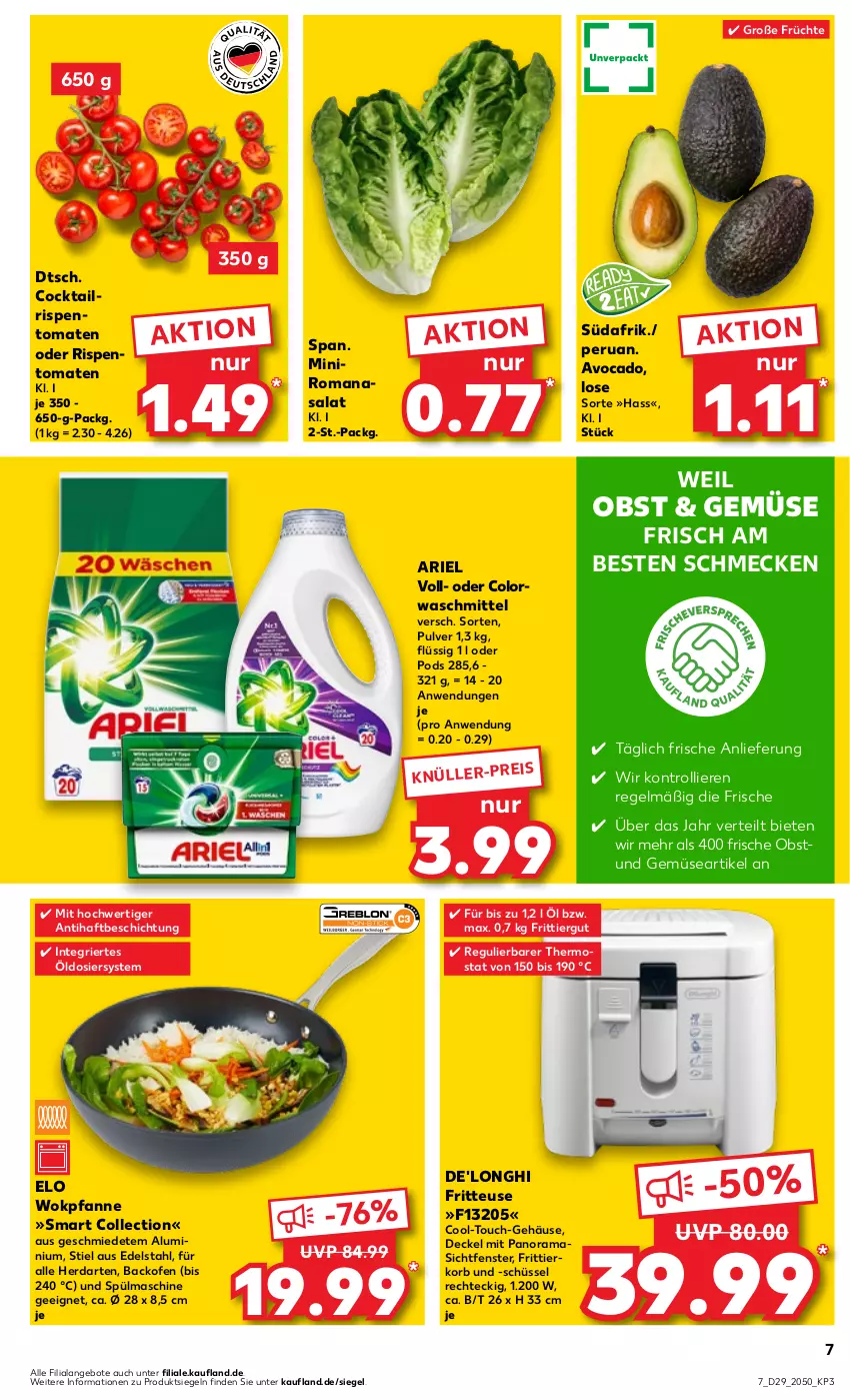 Aktueller Prospekt Kaufland - Prospekt - von 20.07 bis 26.07.2023 - strona 7 - produkty: angebot, angebote, ariel, avocado, backofen, cocktail, colorwaschmittel, De'Longhi, decke, Deckel, edelstahl, eis, fenster, fritteuse, Frittierkorb, früchte, herdarten, korb, obst, Ofen, pfanne, Pods, rama, rispentomaten, Romanasalat, salat, schüssel, thermostat, Ti, tomate, tomaten, trolli, und gemüse, waschmittel, wok