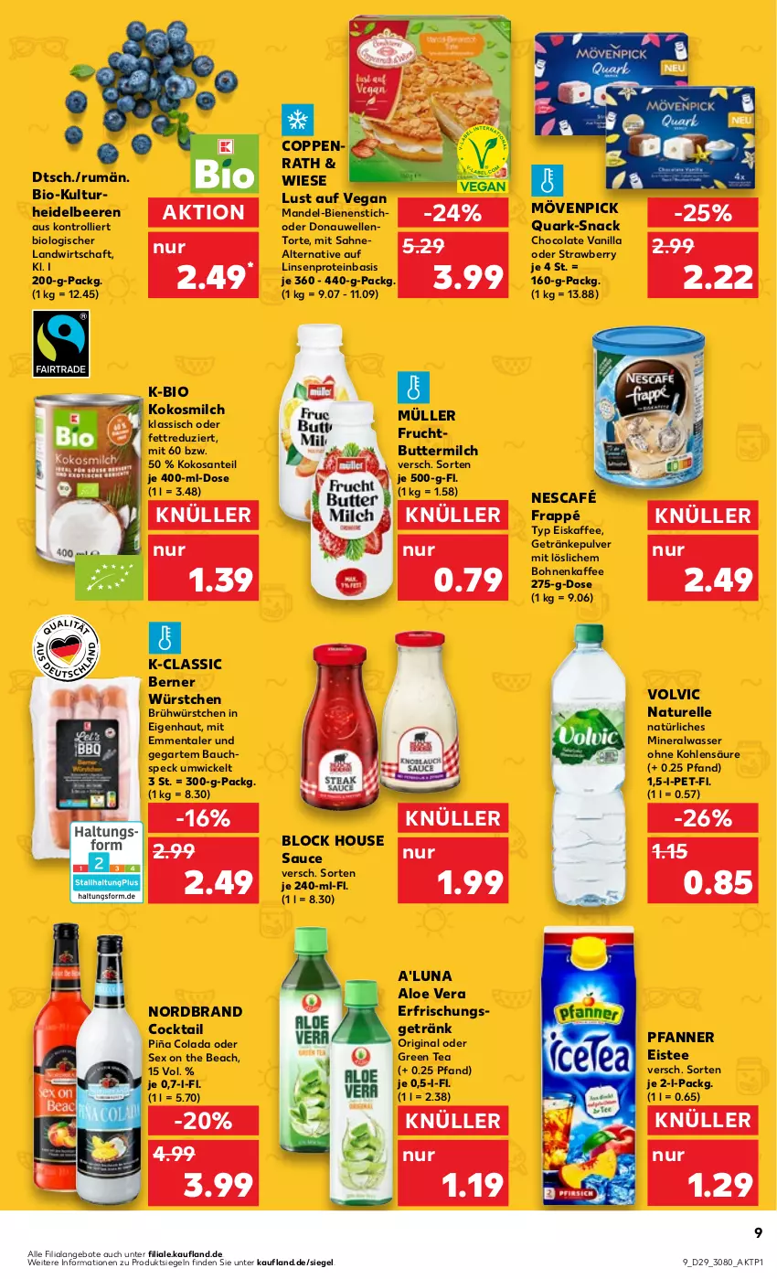 Aktueller Prospekt Kaufland - Prospekt - von 20.07 bis 26.07.2023 - strona 9 - produkty: aloe vera, Alwa, angebot, angebote, Bau, beere, beeren, bio, bohne, bohnen, bohnenkaffee, butter, buttermilch, cocktail, cola, coppenrath, Donauwellen, eis, eiskaffee, eistee, elle, emmentaler, erfrischungsgetränk, frappé, frucht, getränk, getränke, getränkepulver, gin, green tea, heidelbeere, heidelbeeren, kaffee, kokos, kokosmilch, linsen, mandel, milch, mineralwasser, mövenpick, Müller, natur, natürliches mineralwasser, Nescafé, nordbrand, pfanne, Pfanner, quark, rel, rum, sahne, SANTE, sauce, snack, Speck, tee, Ti, torte, trolli, volvic, wasser, WICK, würstchen