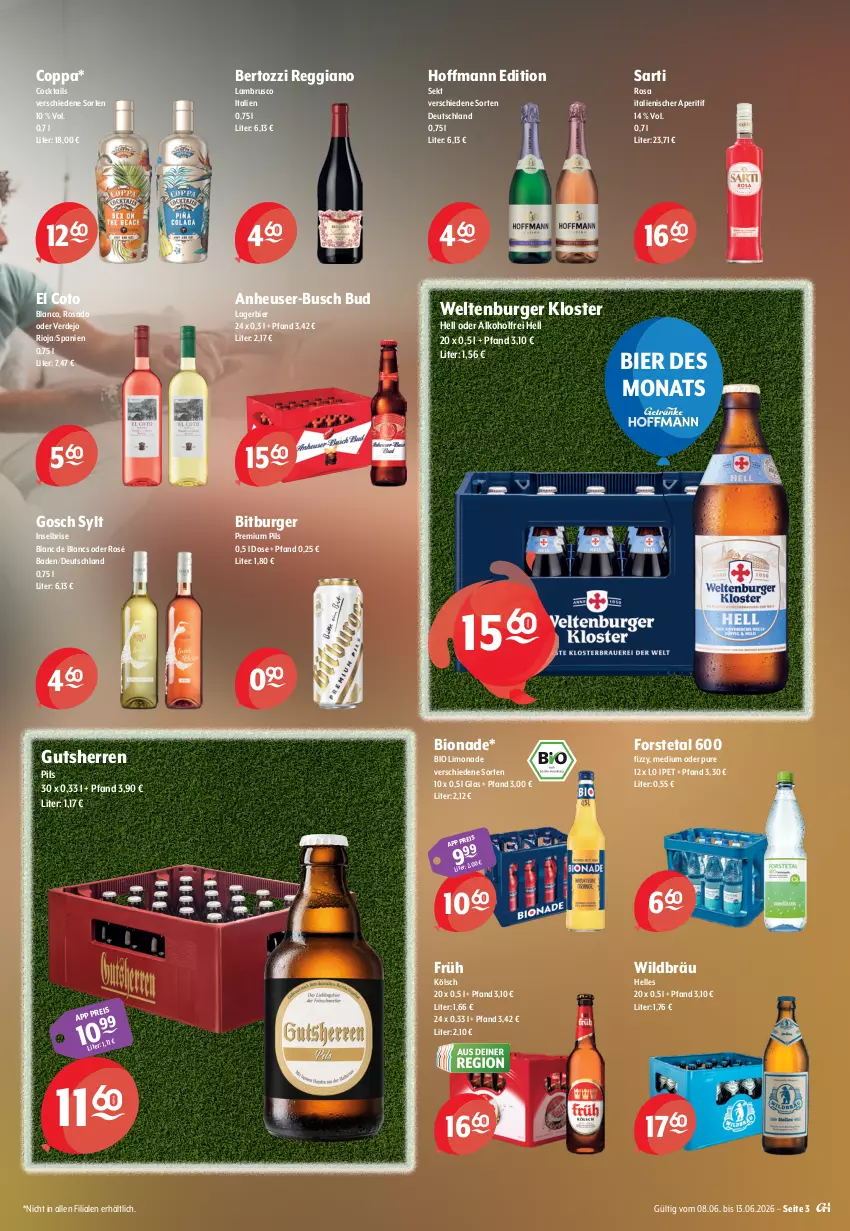 Aktueller Prospekt Getraenke Hoffmann - Prospekte - von 08.06 bis 13.06.2026 - strona 3 - produkty: alkohol, aperitif, Bad, bier, bio, bio limo, bionade, bitburger, burger, cocktail, cocktails, de blancs, eis, elle, erde, Forstetal, Heu, Lagerbier, Lambrusco, limo, limonade, pils, premium pils, reggiano, reis, rioja, sekt, Ti, Wild
