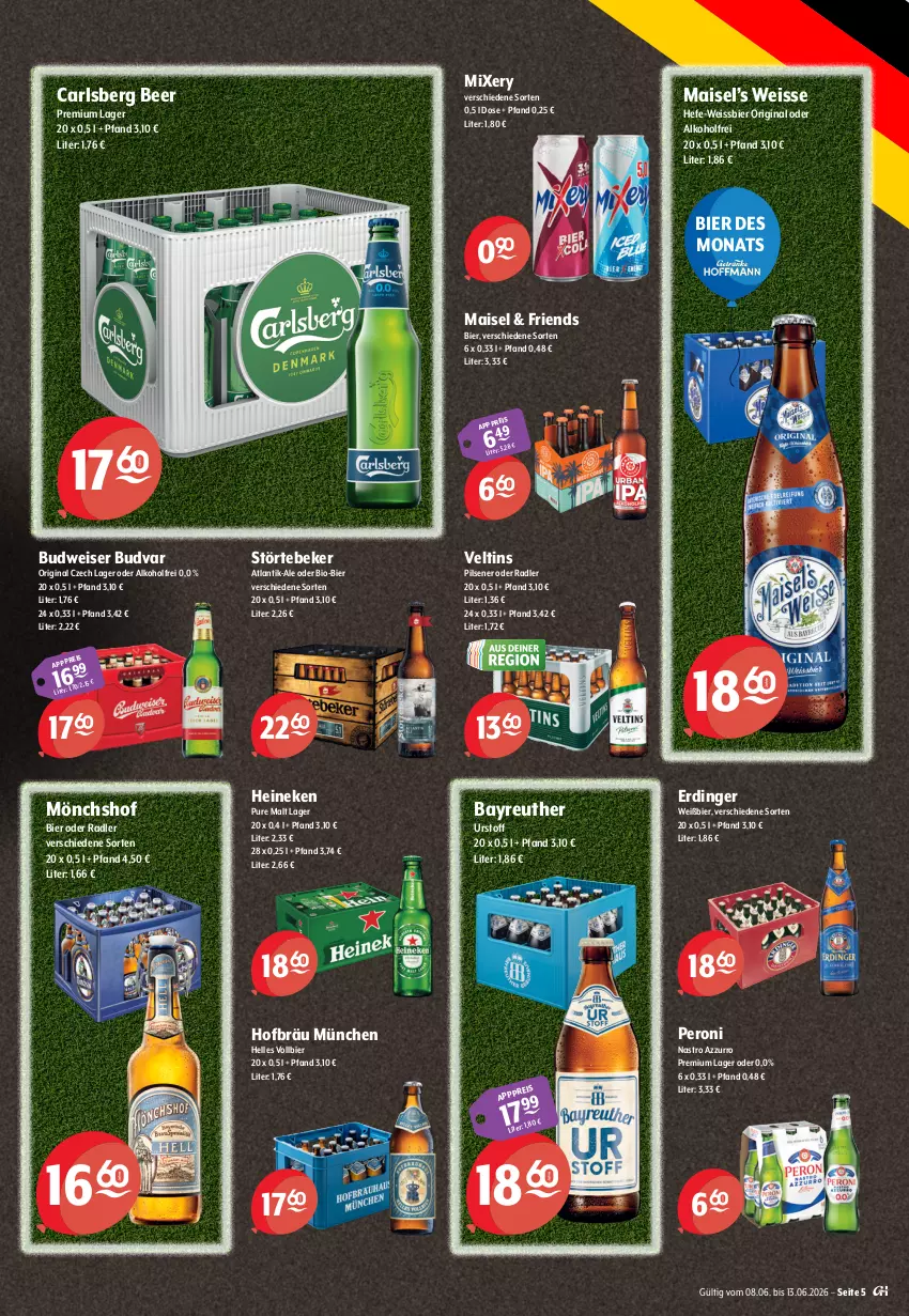 Aktueller Prospekt Getraenke Hoffmann - Prospekte - von 08.06 bis 13.06.2026 - strona 5 - produkty: alkohol, bier, bio, budweiser, carlsberg, carlsberg beer, eis, elle, erdinger, gin, Hefe, heineken, mais, Mixer, mixery, mönchshof, oder radler, Peroni, pils, pilsener, radler, reis, störtebeker, Ti, veltins, weissbier