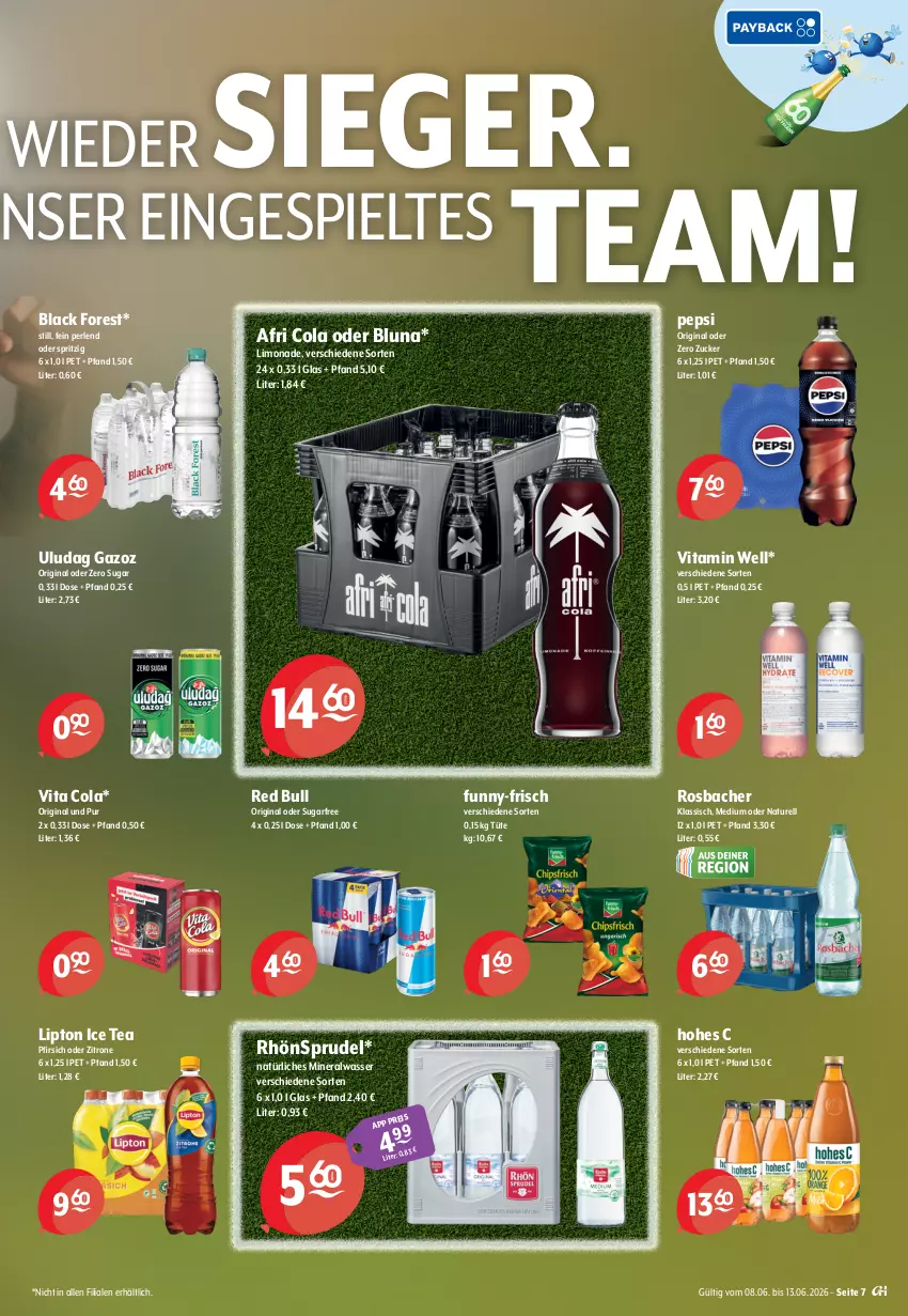 Aktueller Prospekt Getraenke Hoffmann - Prospekte - von 08.06 bis 13.06.2026 - strona 7 - produkty: Afri Cola, Alwa, black forest, cola, eis, funny-frisch, gin, Hohes C, ice tea, lack, limo, limonade, lipton, lipton ice tea, mineralwasser, natur, natürliches mineralwasser, pepsi, perlen, pfirsich, red bull, reis, rel, RhönSprudel, Sprudel, Ti, Tüte, vita, Vita C, wasser, zitrone, zucker
