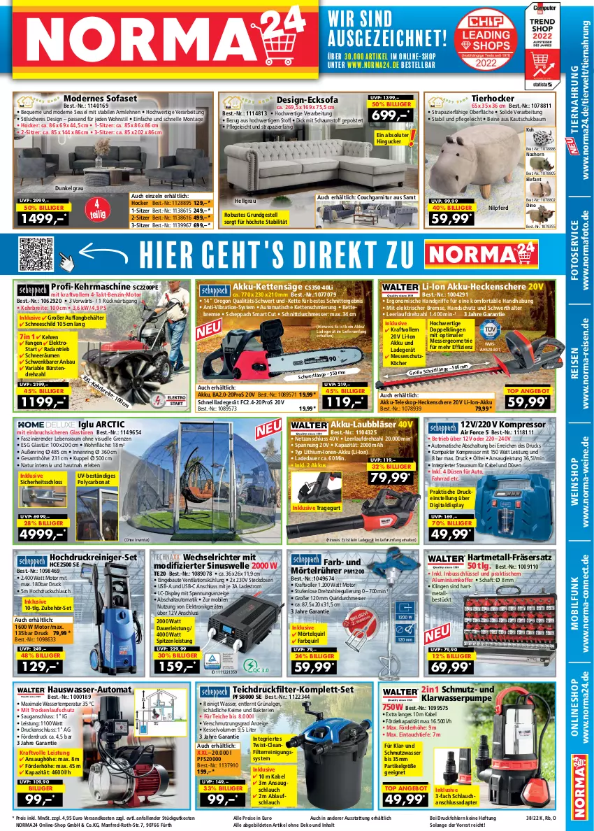 Aktueller Prospekt Norma - Norma - von 08.09 bis 25.09.2022 - strona 1 - produkty: adapter, Air Force, akku, akku-heckenschere, aldi, angebot, armlehnen, auer, auto, Bau, Behälter, Bona, Brei, bürste, bürsten, Couch, eis, Elefant, Elektro, elle, Fahrrad, garnitur, Glastür, heckenschere, hochdruckreiniger, hocker, Kette, koffer, kompressor, kraft, ladegerät, LG, li-ion-akku, messer, Mode, natur, ndk, reiniger, Reinigung, reis, Ria, ring, rum, rwe, säge, Schal, Schere, schlauch, schnellladegerät, sessel, Sofa, steckdose, Teleskop, Ti, tiernahrung, tisch, usb, Venta, wasser, wein, weine, weinshop