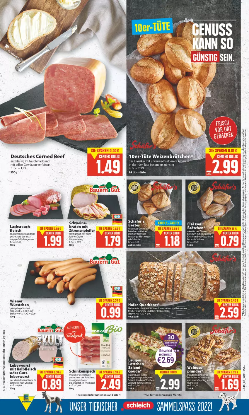 Aktueller Prospekt E Center - Angebote der Woche - von 26.09 bis 01.10.2022 - strona 5 - produkty: angebot, angebotspreis, aufschnitt, aufstrich, beef, bio, blume, blumen, braten, brot, brotaufstrich, brötchen, buch, corned beef, deutschlandcard, eis, erde, fleisch, gewürz, gouda, hafer, haferflocken, Holz, HP, joghur, joghurt, Kalbfleisch, Käse, Kürbis, lachs, Laugenstange, leberwurst, LG, mac, malz, Mantel, nuss, Ofen, pfeffer, quark, Rauch, reis, rwe, schinken, schinkenspeck, schwein, schweine, sonnenblume, sonnenblumen, Sonnenblumenkerne, sonnenblumenkernen, Speck, Ti, Tüte, wein, weine, weizenbrötchen, weizenmischbrot, wiener, wurst, würstchen, zitrone, zitronen