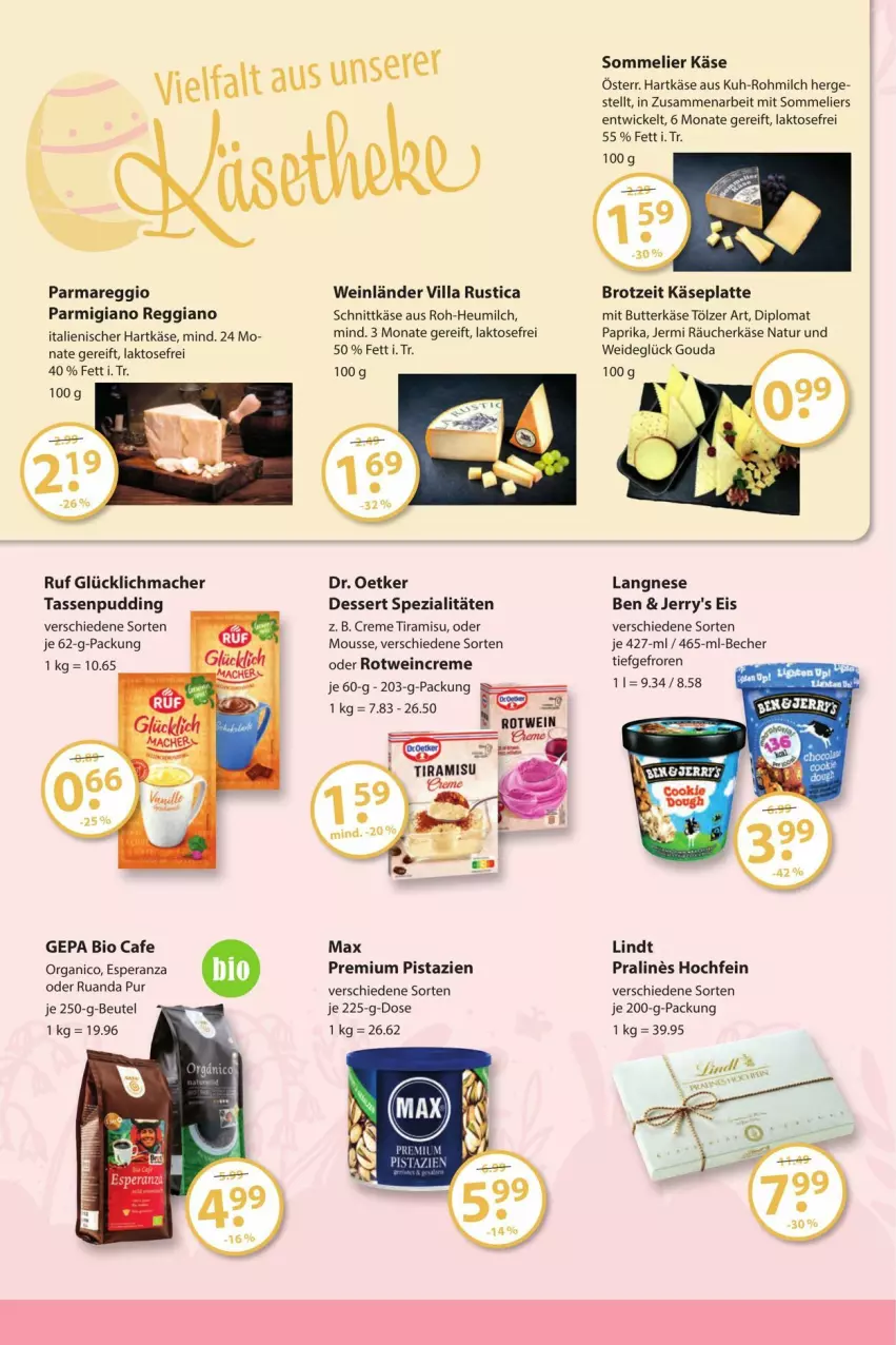 Aktueller Prospekt Vmarkt - Prospekte - von 14.03 bis 30.03.2024 - strona 8 - produkty: Becher, beutel, bio, brot, butter, butterkäse, creme, dessert, dip, Dr. Oetker, eis, gouda, hartkäse, Heu, heumilch, italienischer hartkäse, Käse, langnese, latte, lindt, mac, milch, mousse, natur, paprika, parmigiano, parmigiano reggiano, pistazien, pudding, reggiano, rotwein, schnittkäse, Spezi, tasse, Ti, tiramisu, wein, WICK