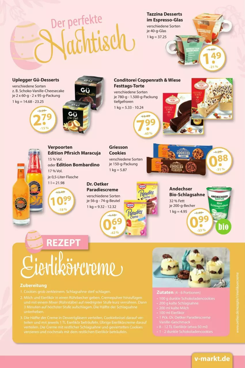 Aktueller Prospekt Vmarkt - Prospekte - von 14.03 bis 30.03.2024 - strona 9 - produkty: Becher, beutel, bio, cheesecake, cookie, cookies, coppenrath, creme, dessert, desserts, Dr. Oetker, Egger, espresso, flasche, griesson, mac, maracuja, pfirsich, pfirsich maracuja, sahne, schlagsahne, schoko, schokolade, schokoladen, tee, Ti, torte, vanille, verpoorten