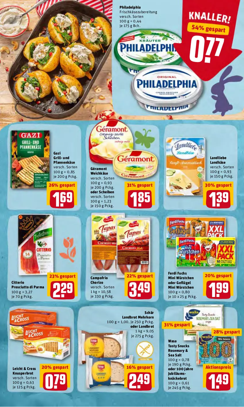 Aktueller Prospekt Rewe - Diese Woche im Angebot! - von 04.04 bis 09.04.2022 - strona 8 - produkty: aktionspreis, brot, campofrio, chorizo, eis, ferdi fuchs, frischkäse, frischkäsezubereitung, Geflügel, géramont, grill, Jubiläums, Käse, knäckebrot, korn, landkäse, landliebe, ndk, pfanne, pfannen, pfannenkäse, philadelphia, prosciutto, Prosciutto di Parma, reis, snack, snacks, Ti, und pfanne, wasa, weichkäse, würstchen