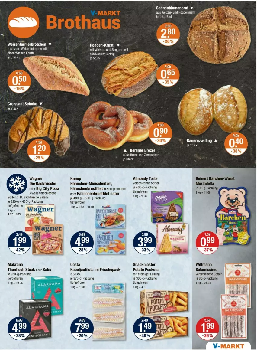 Aktueller Prospekt Vmarkt - Prospekte - von 23.05 bis 29.05.2024 - strona 5 - produkty: auer, brötchen, brustfilet, dell, filet, filets, fisch, hähnchenbrust, hähnchenbrustfilet, je 250-g-packung, kabeljaufilet, Mantel, mehl, mortadella, natur, pizza, Rana, reinert, salami, sim, snack, steak, thunfisch, Ti, torte, wagner, wiltmann, wurst