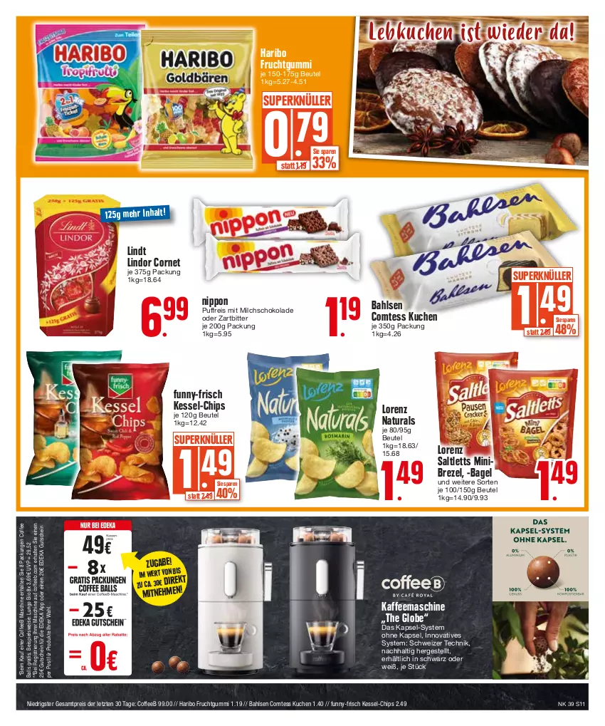 Aktueller Prospekt Edeka - Angebote der Woche - von 25.09 bis 30.09.2023 - strona 11 - produkty: Bagel, bahlsen, ball, beutel, bio, brezel, chips, comtess, comtess kuchen, deka, eis, frucht, fruchtgummi, funny-frisch, gutschein, haribo, kaffee, kaffeemaschine, kuchen, Lebkuchen, lindor, lindt, lorenz, lungo, milch, natur, natura, nippon, reis, saltletts, schoko, schokolade, Ti, ZTE