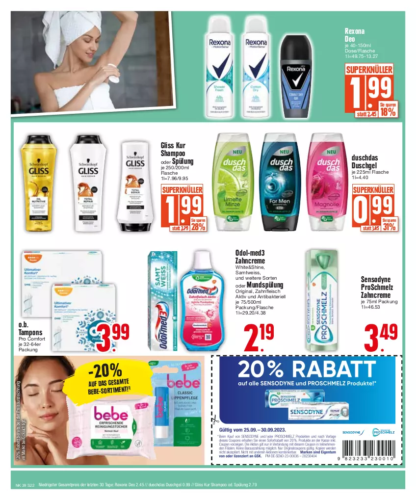 Aktueller Prospekt Edeka - Angebote der Woche - von 25.09 bis 30.09.2023 - strona 22 - produkty: Bebe, creme, deo, duschdas, duschgel, eis, flasche, fleisch, gin, gliss, gliss kur, mundspülung, O.b., Odol, reis, rexona, sensodyne, shampoo, shampoo oder spülung, spülung, Tampon, tampons, Ti, zahncreme, ZTE