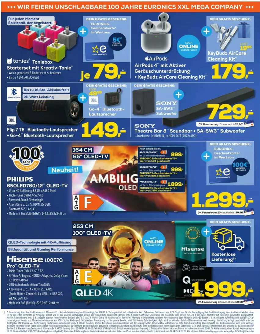 Aktueller Prospekt Euronics - Prospekte - von 01.10 bis 07.10.2025 - strona 2 - produkty: akku, bluetooth-lautsprecher, dvb, eier, eis, euronics xxl, gin, hisense, lautsprecher, Oled-TV, Pods, qled, qled-tv, sony, soundbar, Subwoofer, tee, Thea, Ti, tisch, tuner, usb