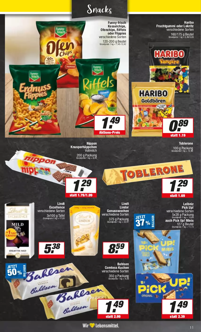 Aktueller Prospekt E Center - Angebote der Woche - von 25.09 bis 30.09.2023 - strona 11 - produkty: bahlsen, beutel, chips, comtess, comtess kuchen, eis, elle, flippies, frucht, fruchtgummi, funny-frisch, haribo, kuchen, Lakritz, leibniz, lindor, lindt, milch, nippon, nuss, oder lakritz, Ofen, Pick Up!, reis, snack, snacks, Ti, toblerone, vollmilch