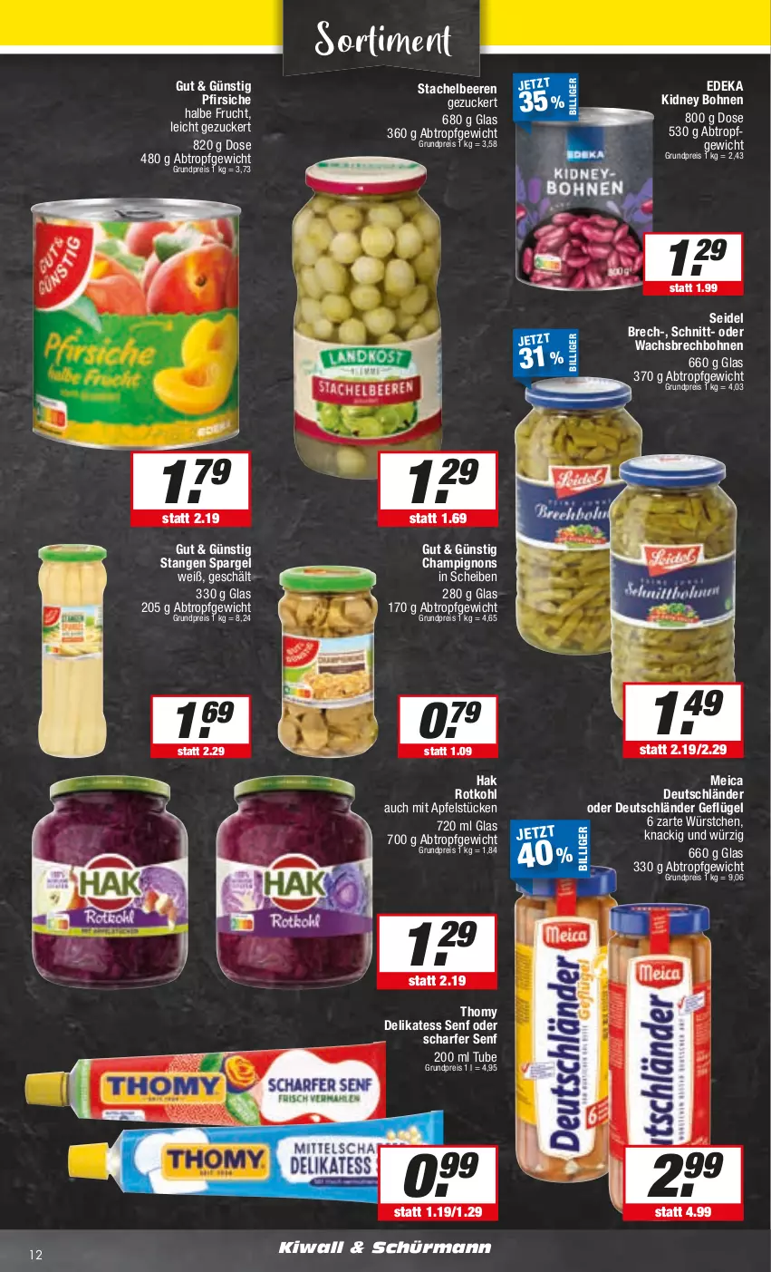 Aktueller Prospekt E Center - Angebote der Woche - von 25.09 bis 30.09.2023 - strona 12 - produkty: apfel, beere, beeren, bohne, bohnen, champignon, champignons, deka, delikatess senf, eis, frucht, Geflügel, kidney, kidney bohnen, meica, pfirsich, pfirsiche, reis, rotkohl, senf, spargel, Stachelbeeren, thomy, Ti, würstchen, zucker