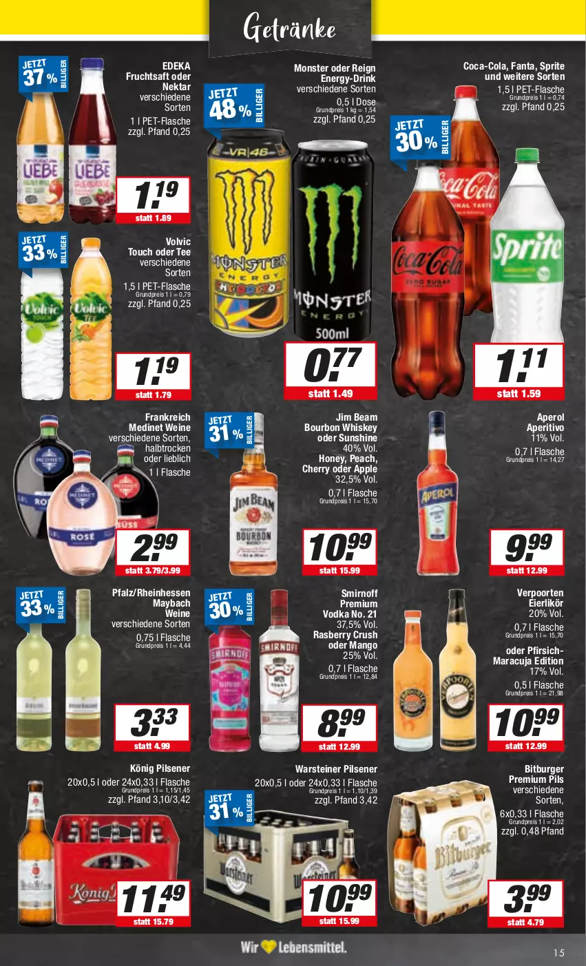 Aktueller Prospekt E Center - Angebote der Woche - von 25.09 bis 30.09.2023 - strona 15 - produkty: aperol, Apple, bitburger, bourbon, bourbon whiskey, burger, coca-cola, cola, deka, drink, eier, eierlikör, eis, fanta, flasche, frucht, fruchtsaft, getränk, getränke, jim beam, könig pilsener, likör, mango, maracuja, maybach, medinet, monster, Nektar, pet-flasche, pfirsich, pils, pilsener, premium pils, premium vodka, reis, saft, smirnoff, sprite, steiner, sunshine, tee, Ti, verpoorten, vodka, volvic, warsteiner, wein, weine, whiskey