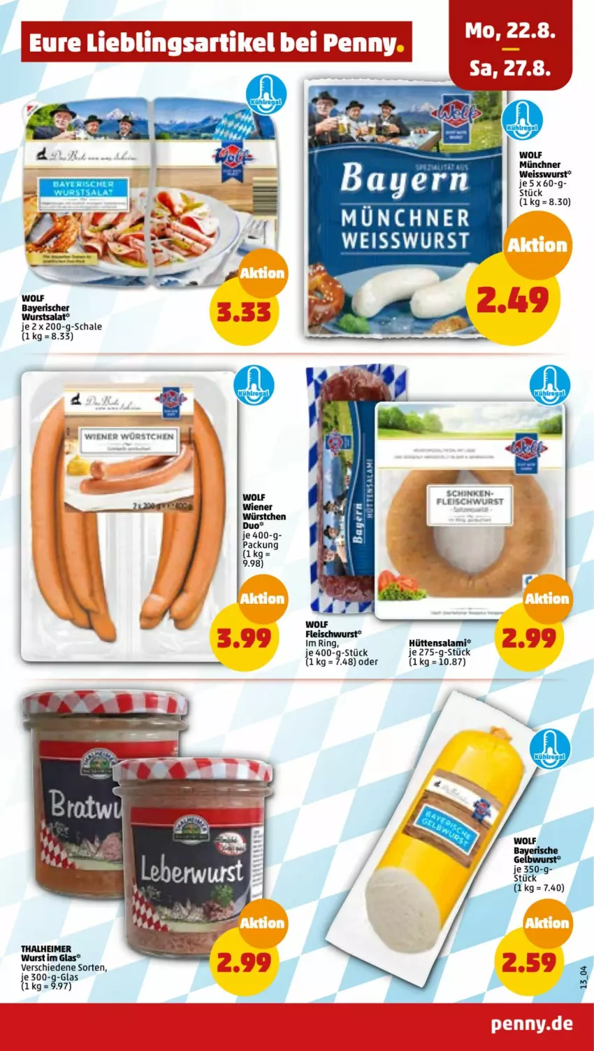 Aktueller Prospekt Penny - Prospekte - von 22.08 bis 27.08.2022 - strona 13 - produkty: eimer, eis, fleisch, fleischwurst, ring, salami, salat, Schal, Schale, wiener, wiener würstchen, wurst, würstchen