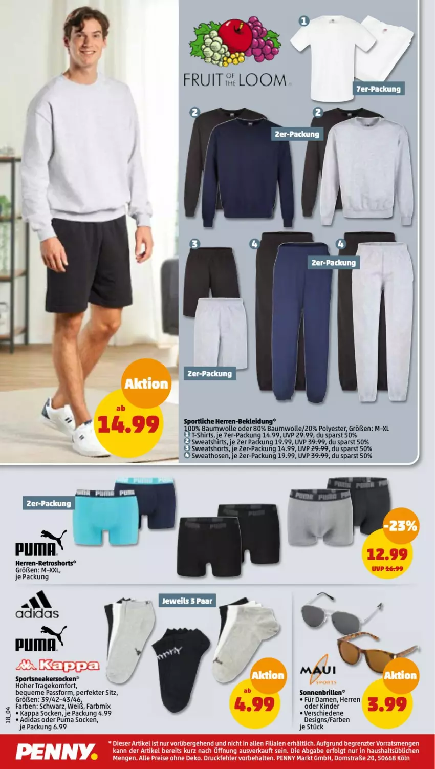 Aktueller Prospekt Penny - Prospekte - von 22.08 bis 27.08.2022 - strona 18 - produkty: Adidas, Bau, baumwolle, Brille, hose, hosen, kappa, Kinder, kleid, Kleidung, puma, retroshorts, shirt, shirts, shorts, sneaker, sneakersocken, socken, sonnenbrille, Sport, Sweathose, Sweatshirt, sweatshorts, T-Shirt, wolle